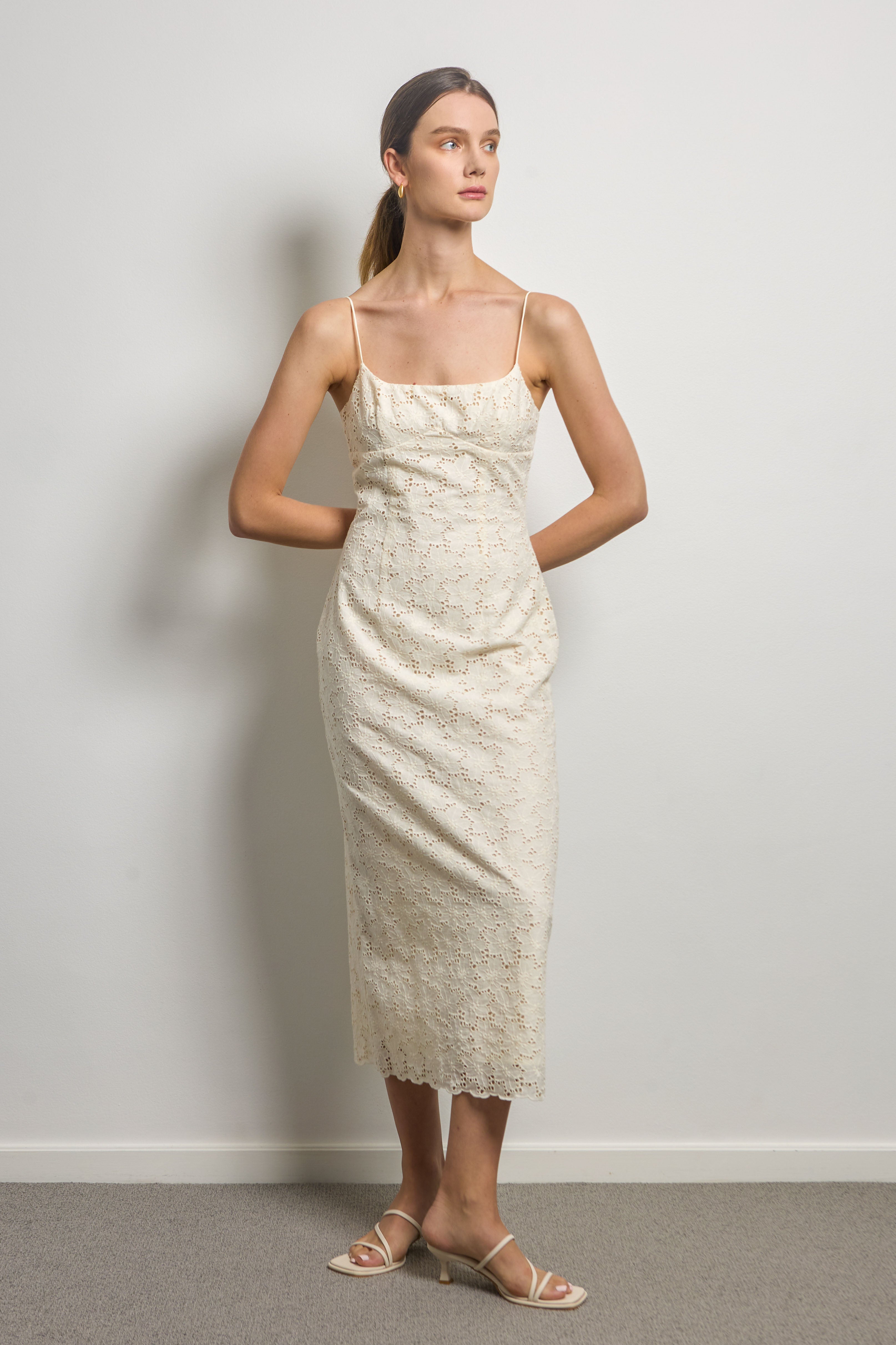 Cotton Broderie Anglaise Midi Dress with Back Vent