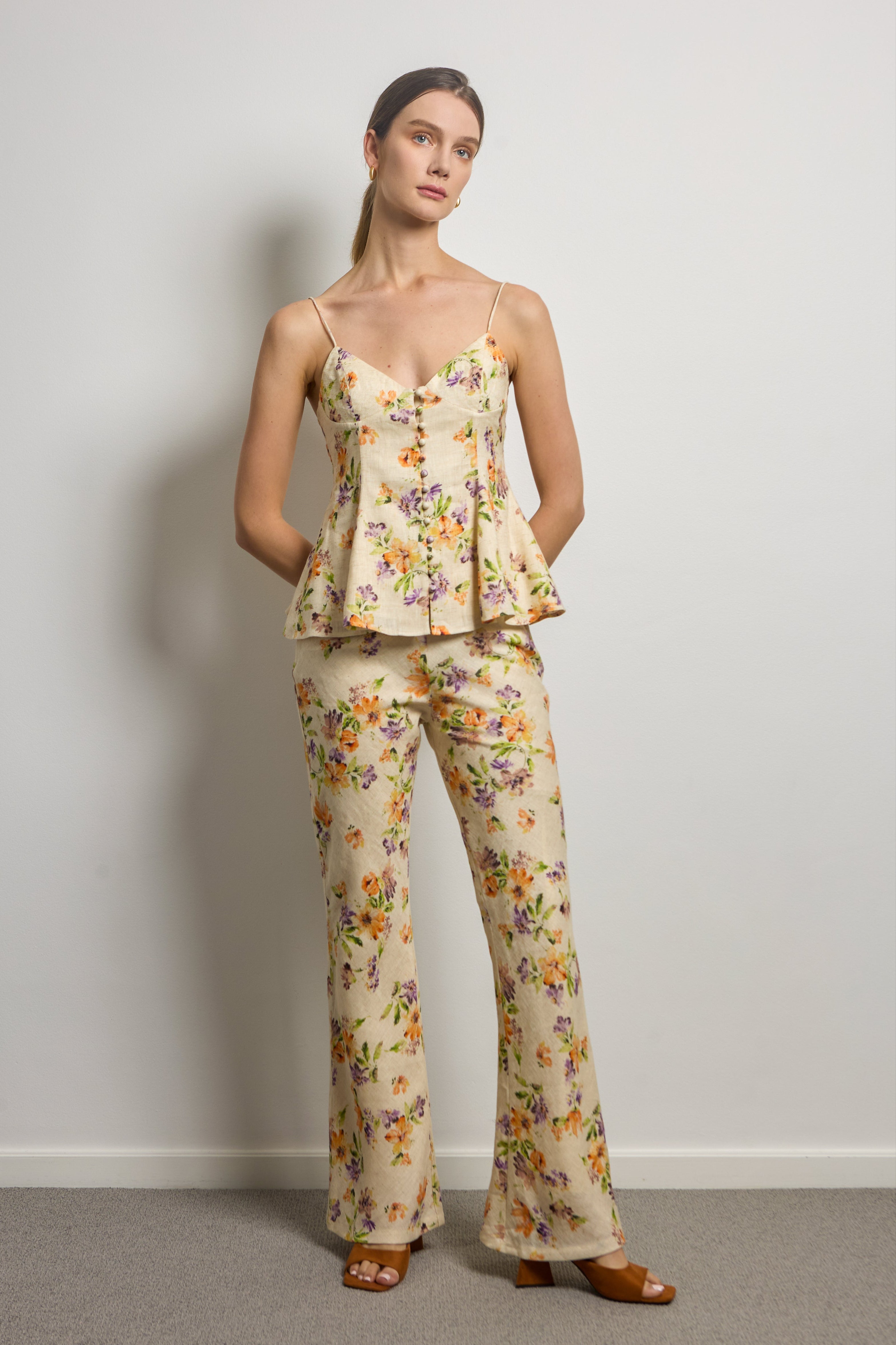 Floral Linen Flared Slip Top
