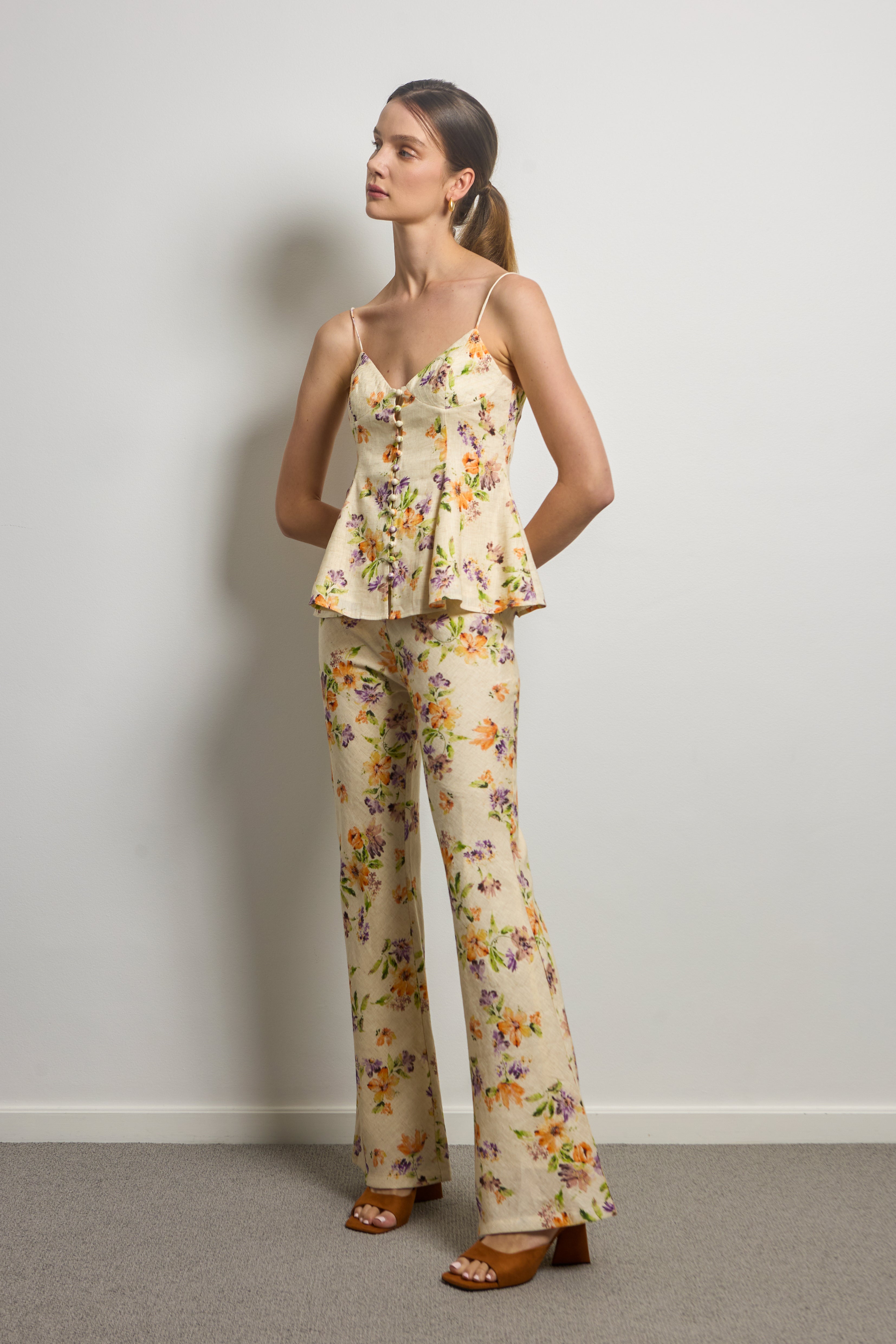 Floral Linen Flared Slip Top