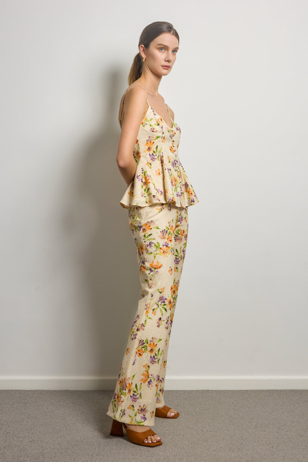 Floral Linen Flared Slip Top