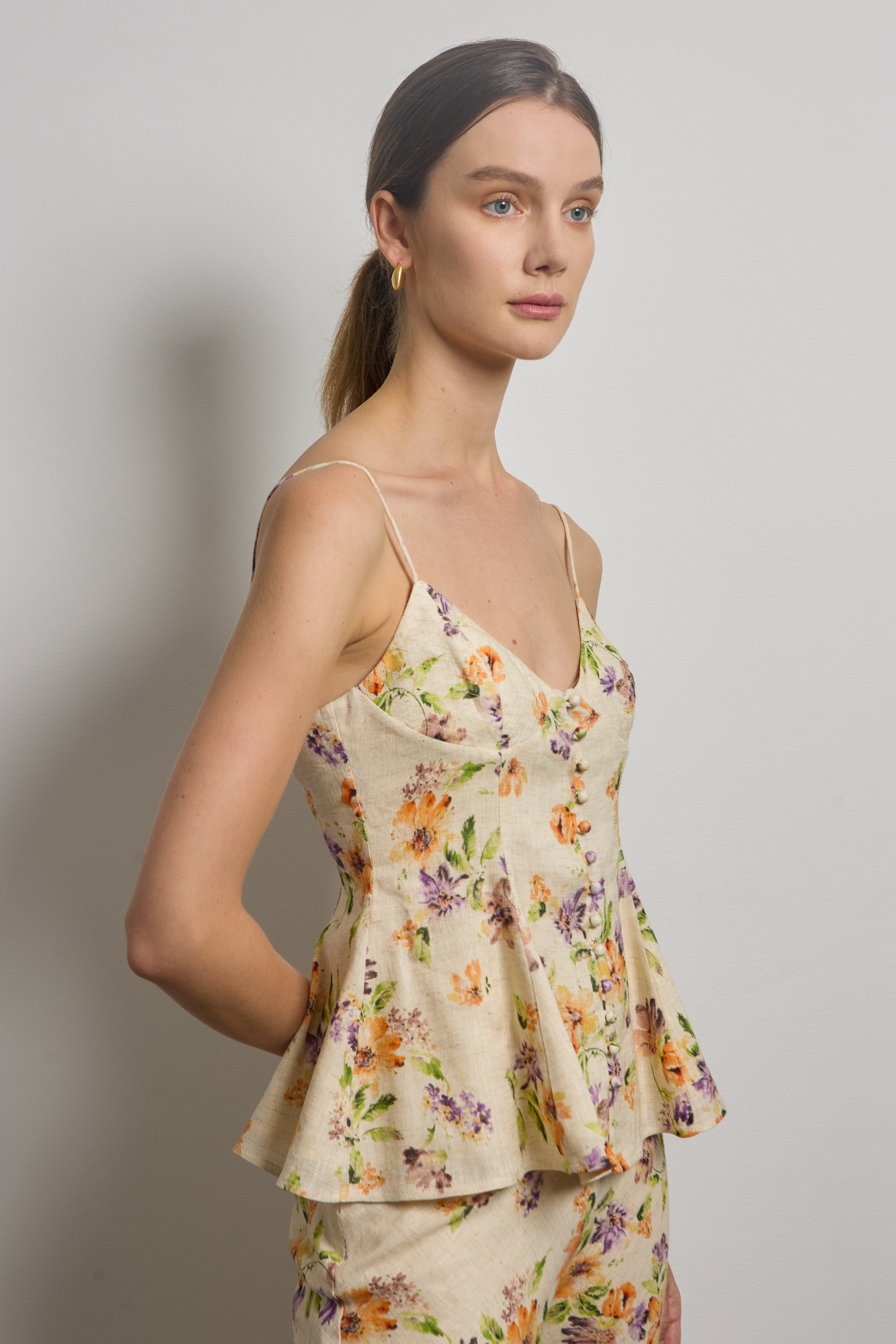 Floral Linen Flared Slip Top