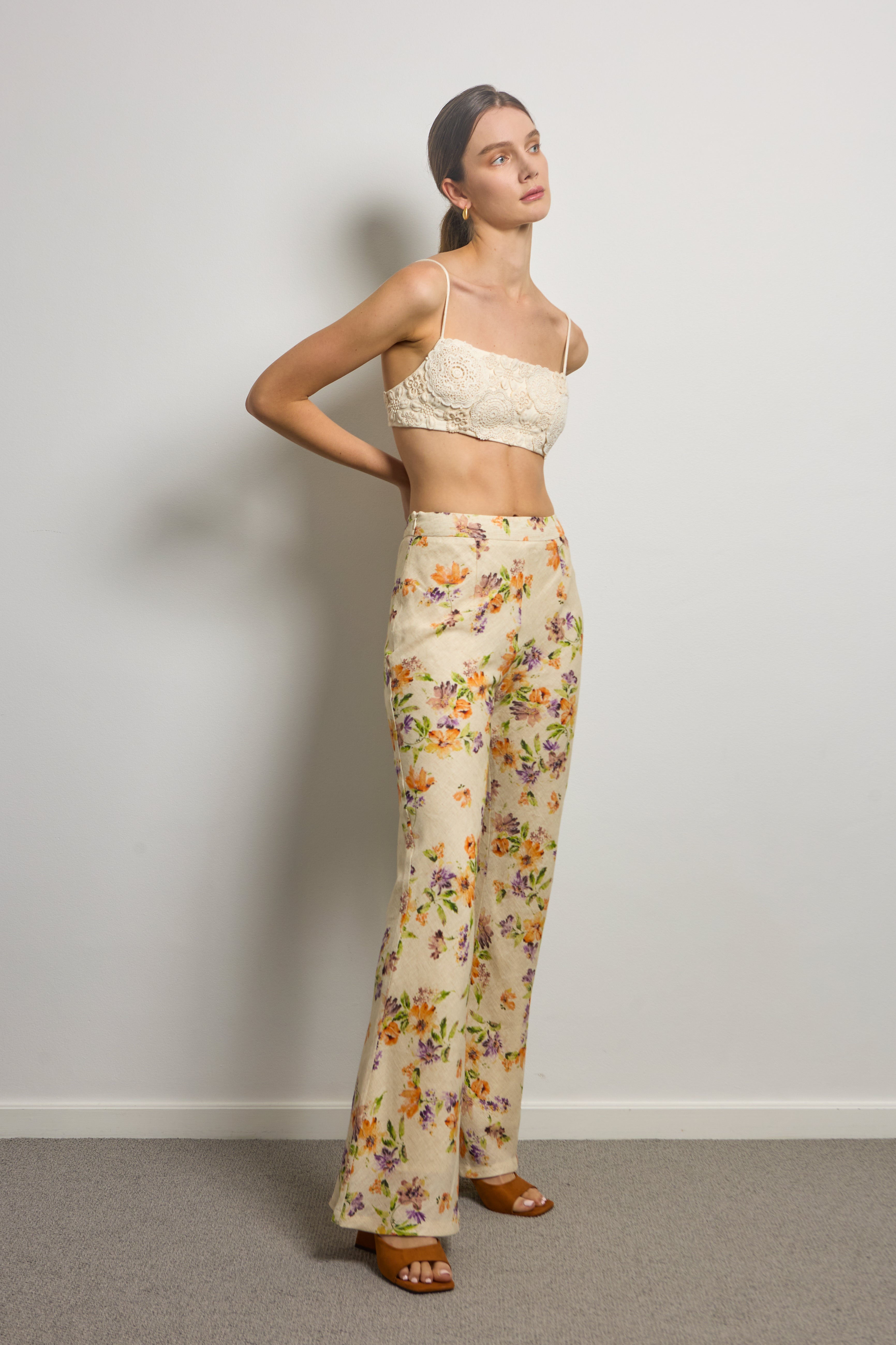 Floral Linen Bia Cut Flared Pants