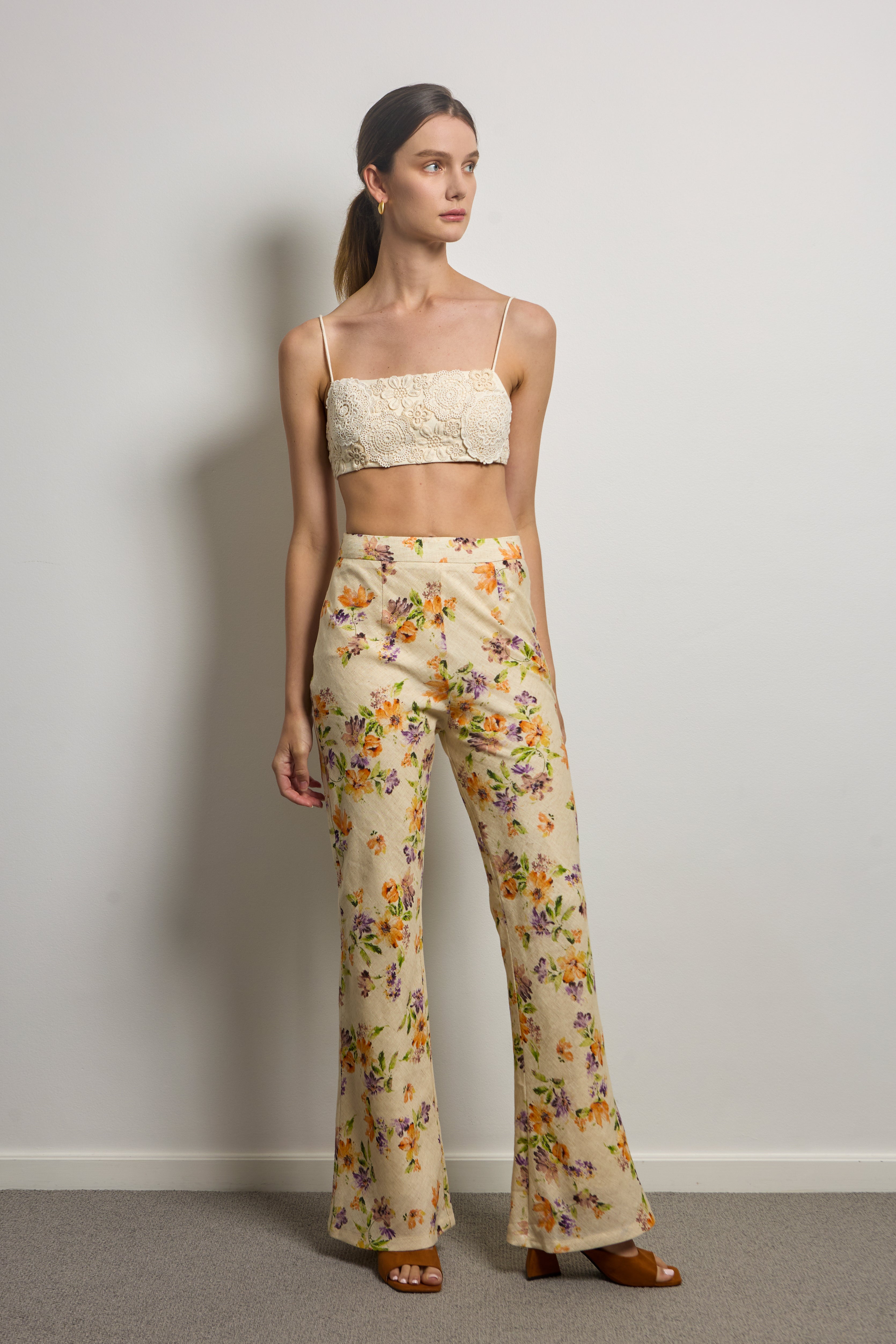 Floral Linen Bia Cut Flared Pants
