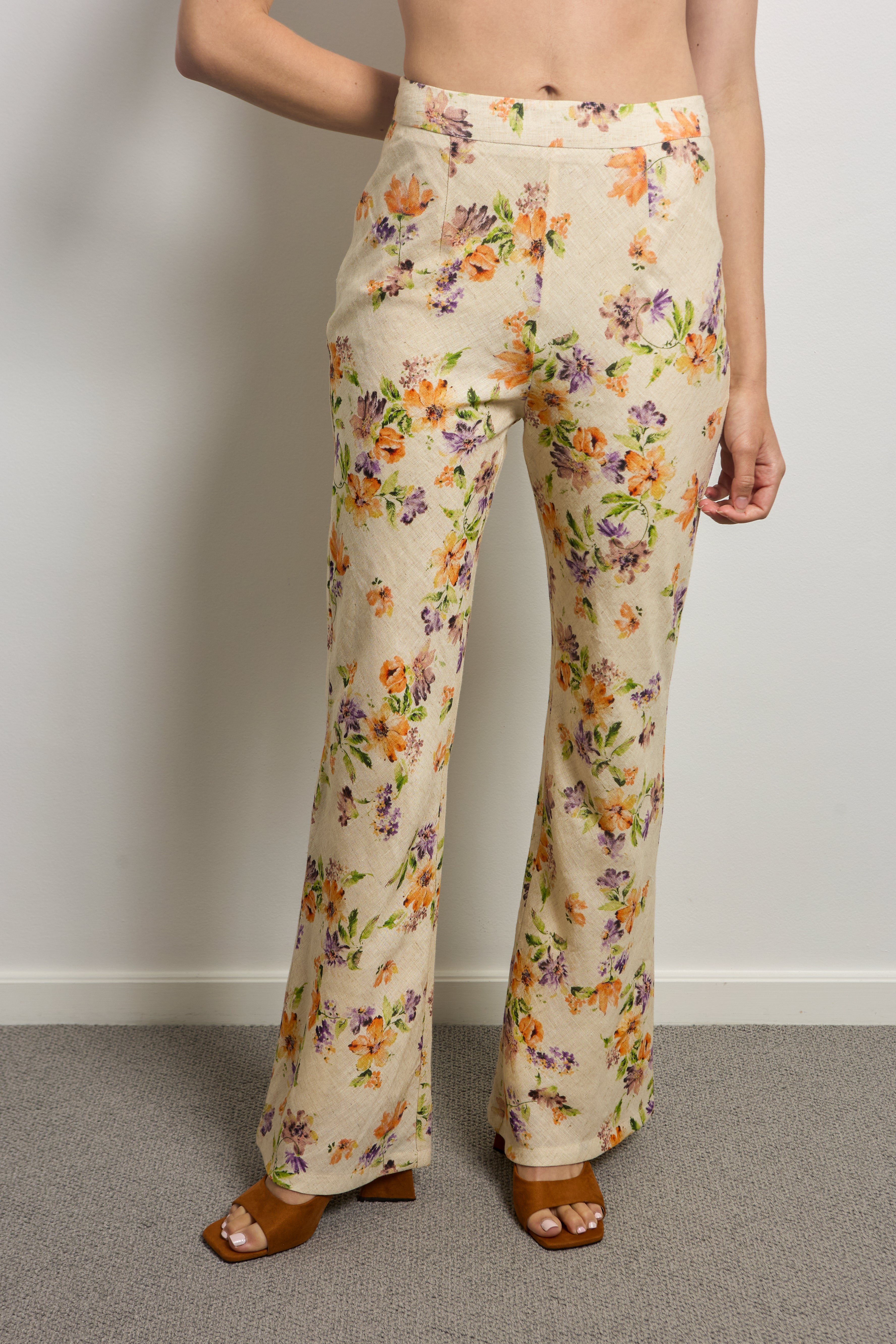Floral Linen Bia Cut Flared Pants