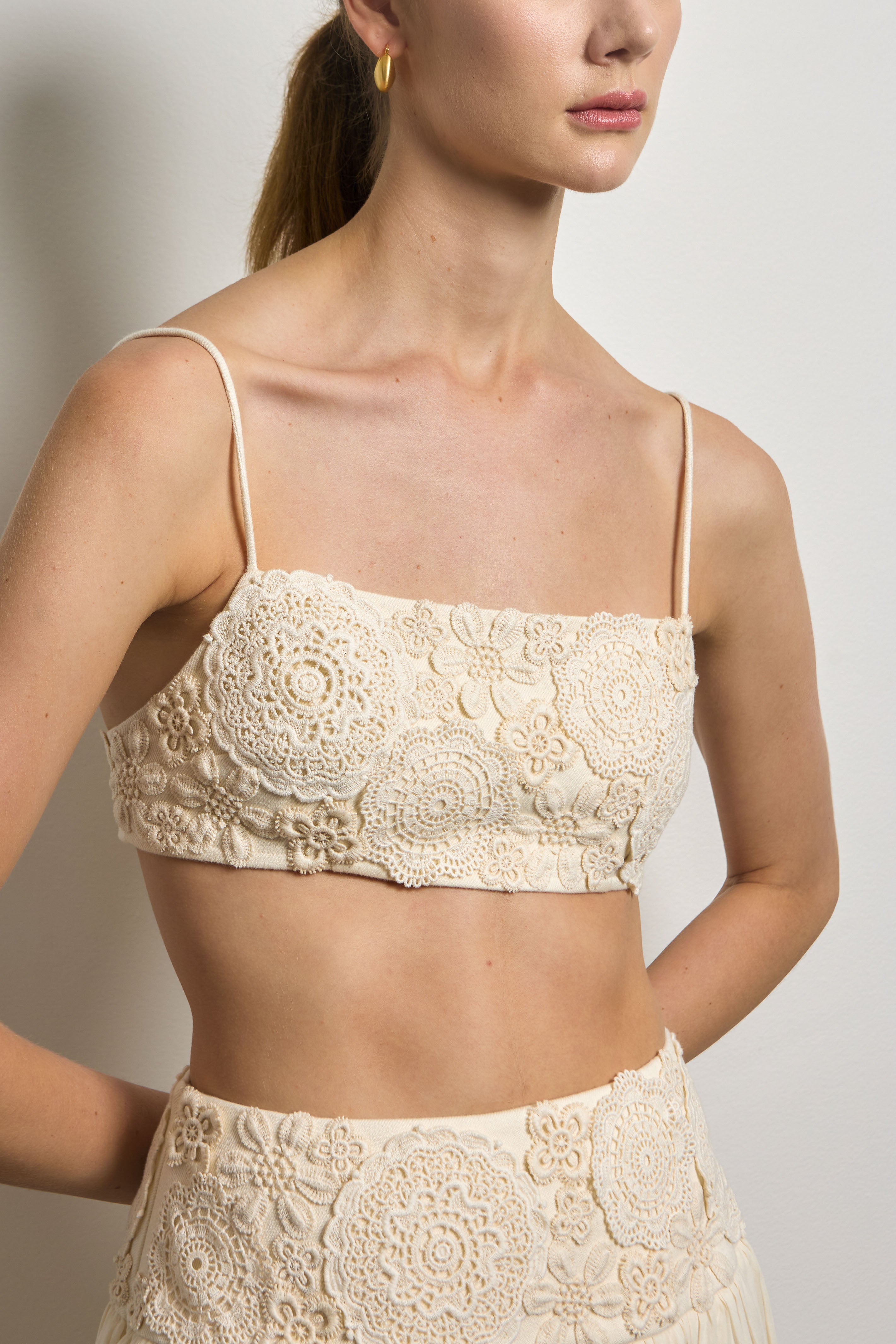Cotton Drill Crop Top with Crochet Doilies