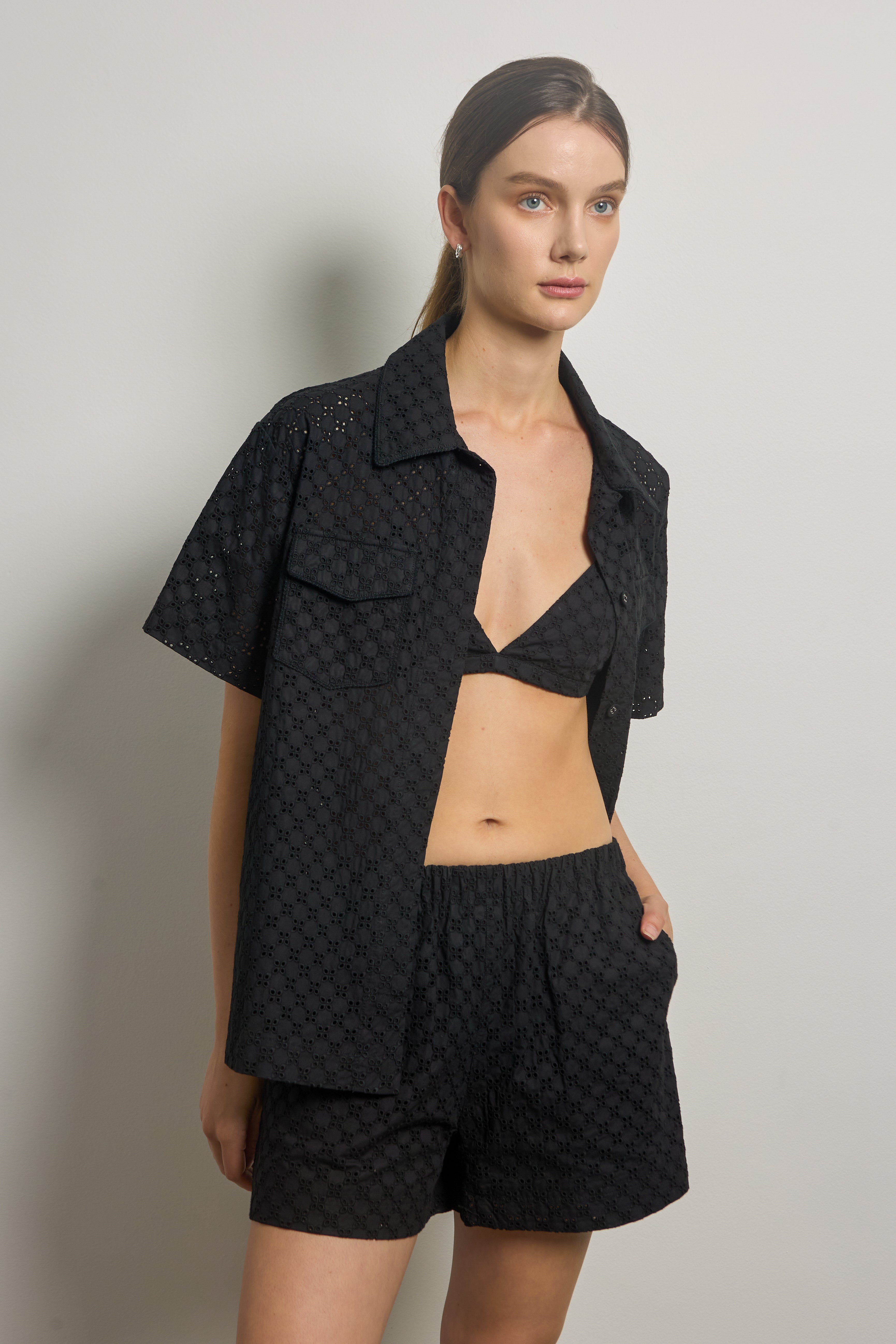 Black Cotton Broderie Anglaise Shirt