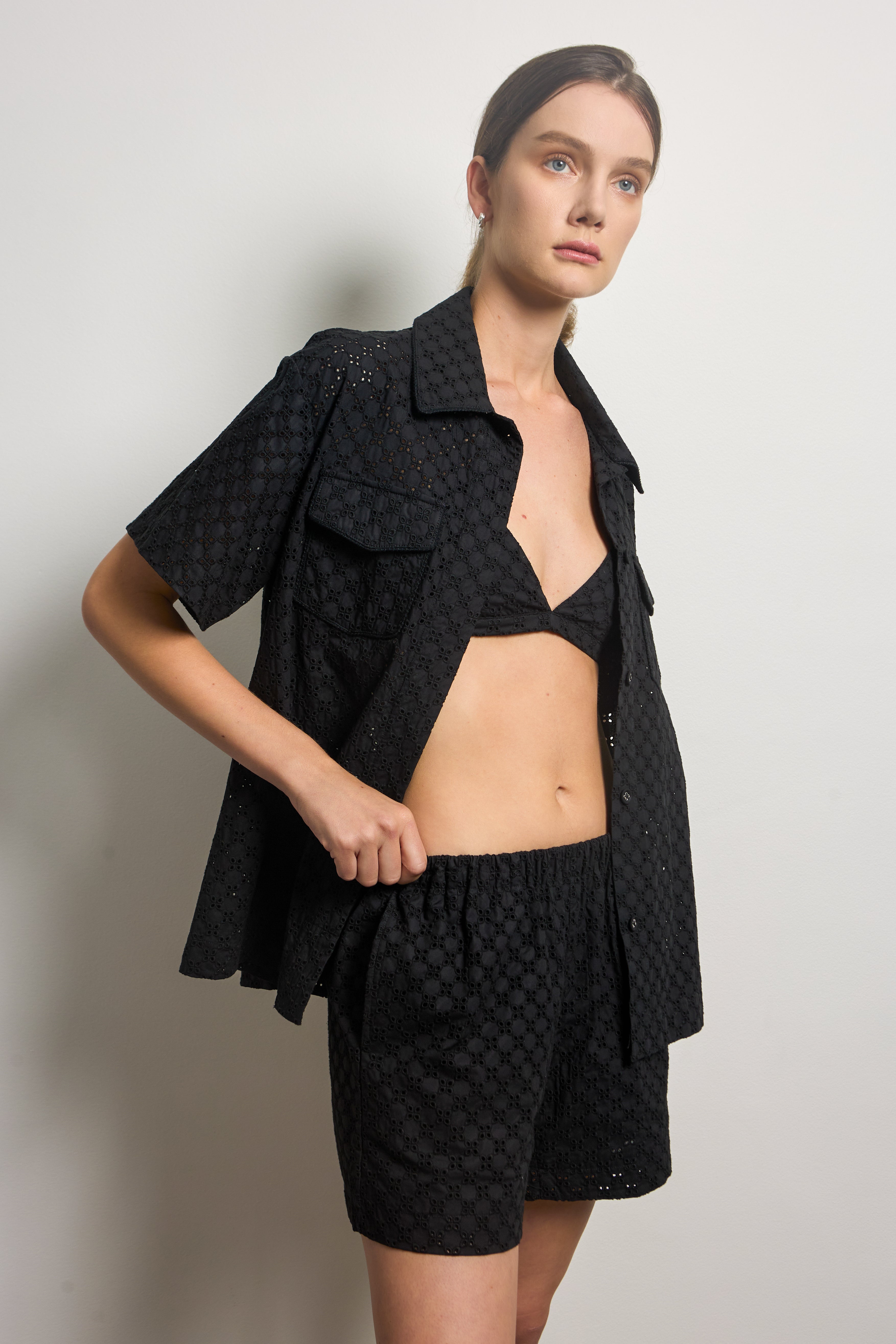Black Cotton Broderie Anglaise Shorts