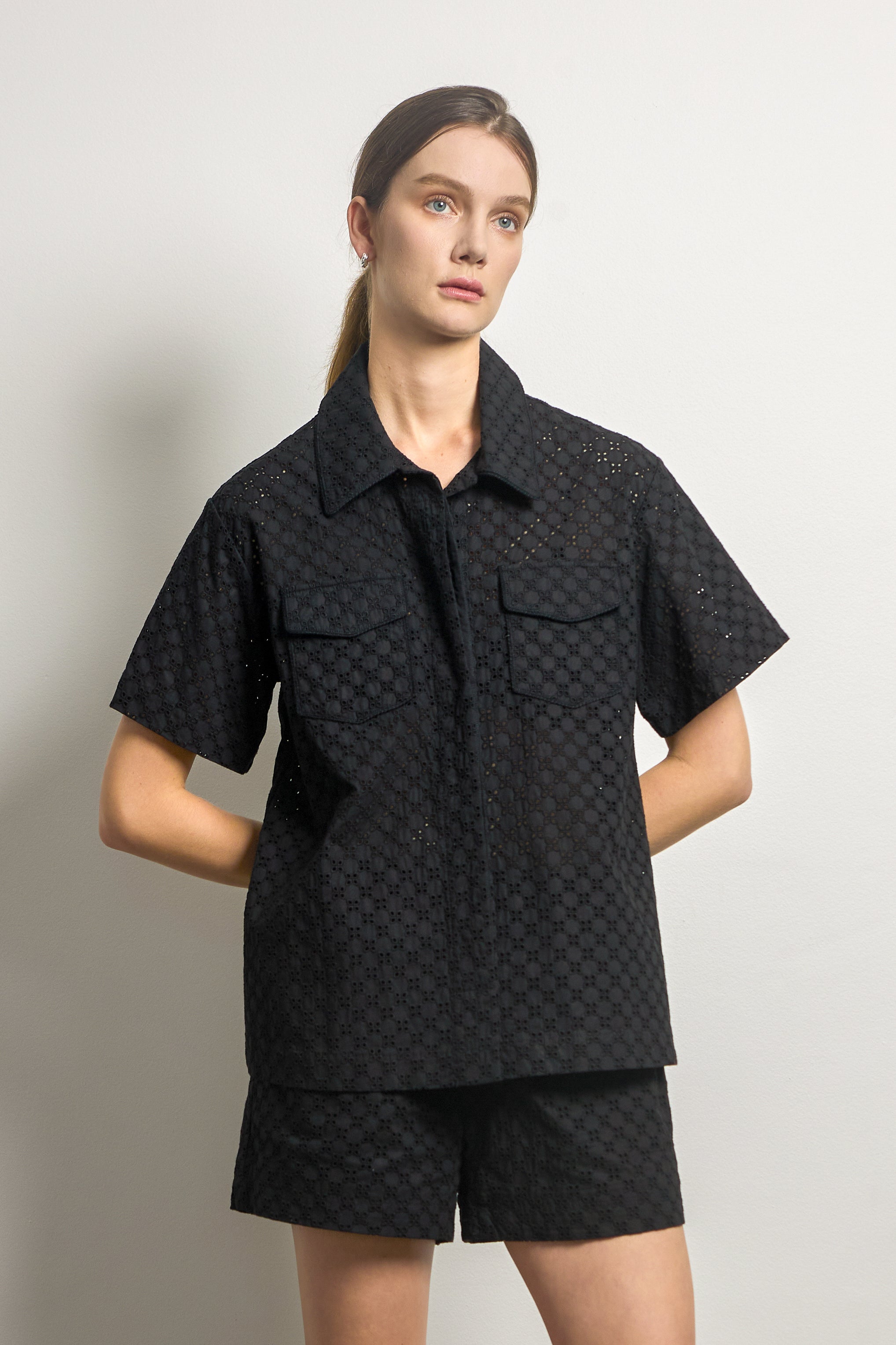 Black Cotton Broderie Anglaise Shirt