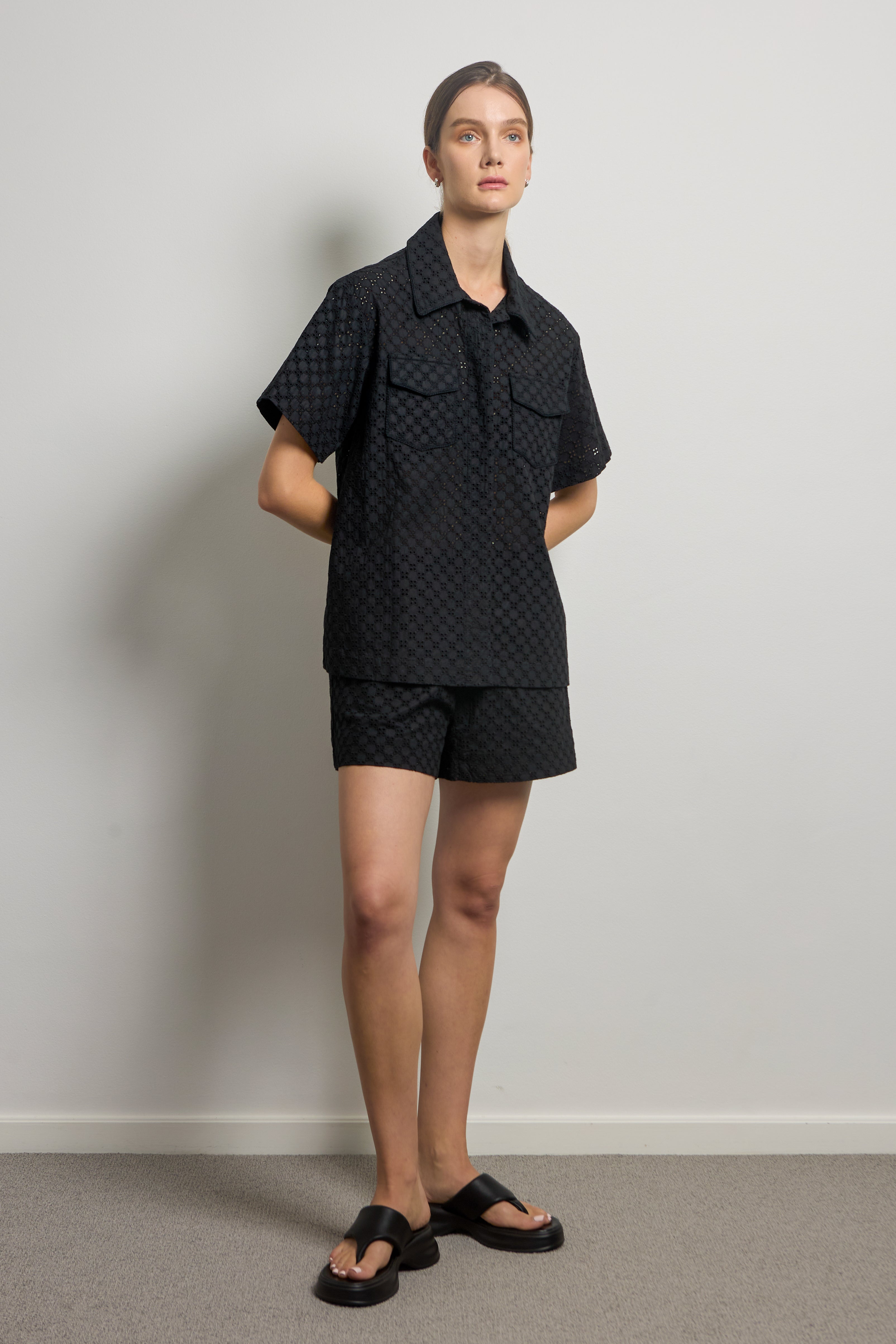 Black Cotton Broderie Anglaise Shorts