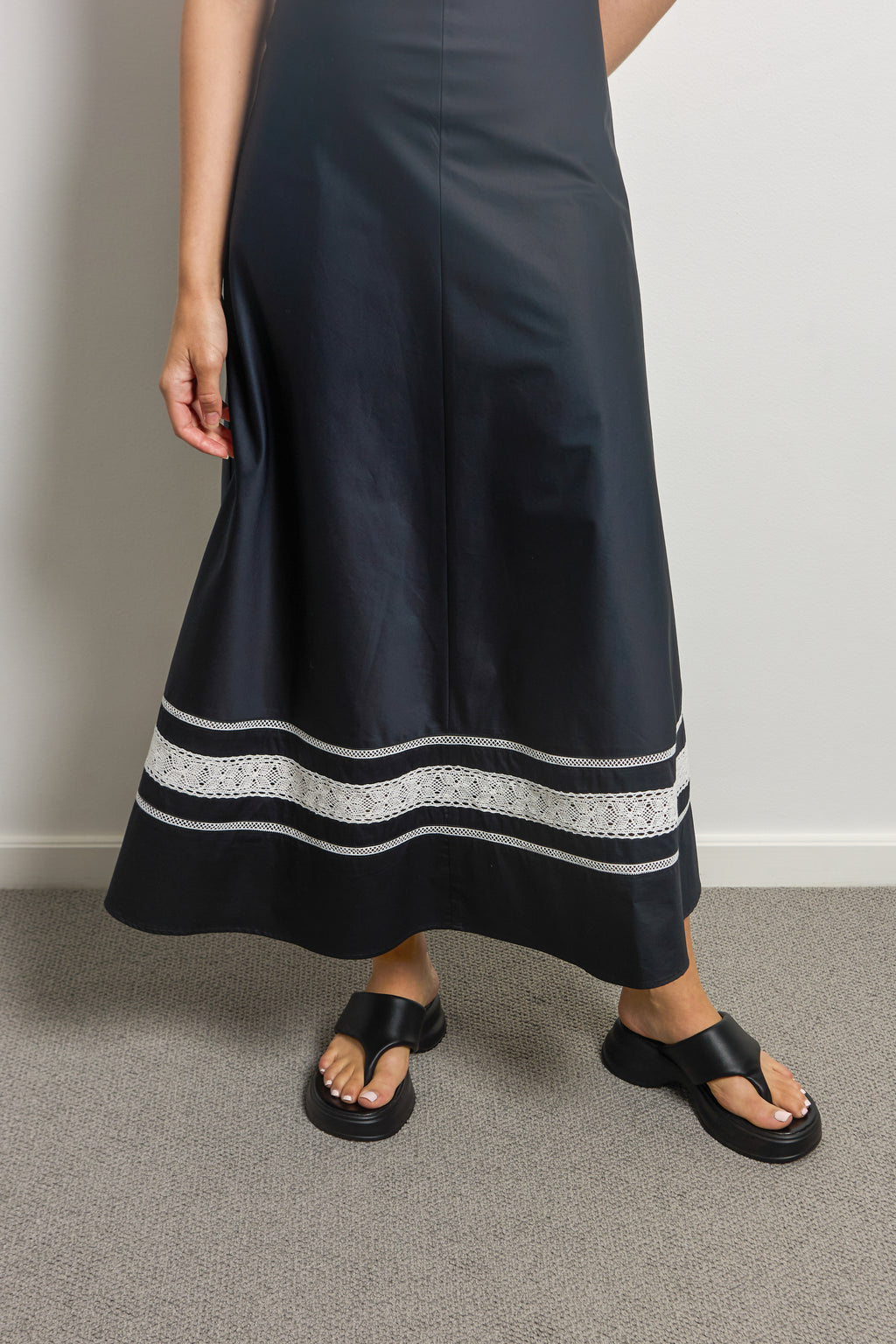 Black Halter Neck Midi Dress With White Lace Trim