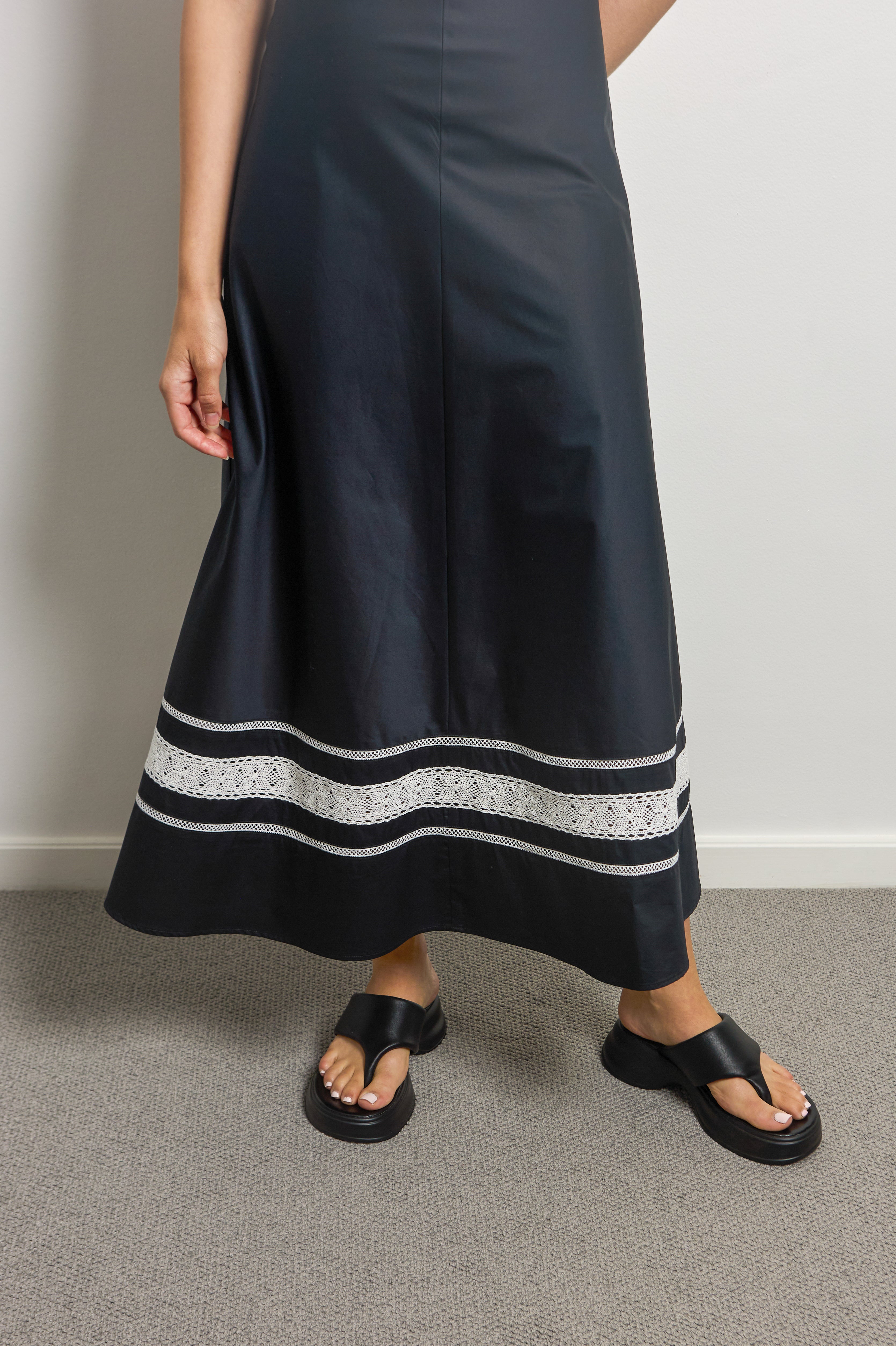 Black Halter Neck Midi Dress With White Lace Trim