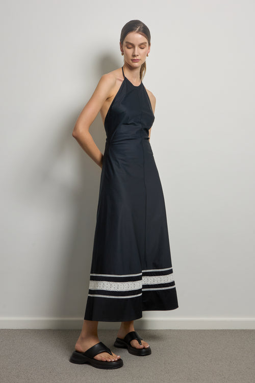 Black Halter Neck Midi Dress With White Lace Trim