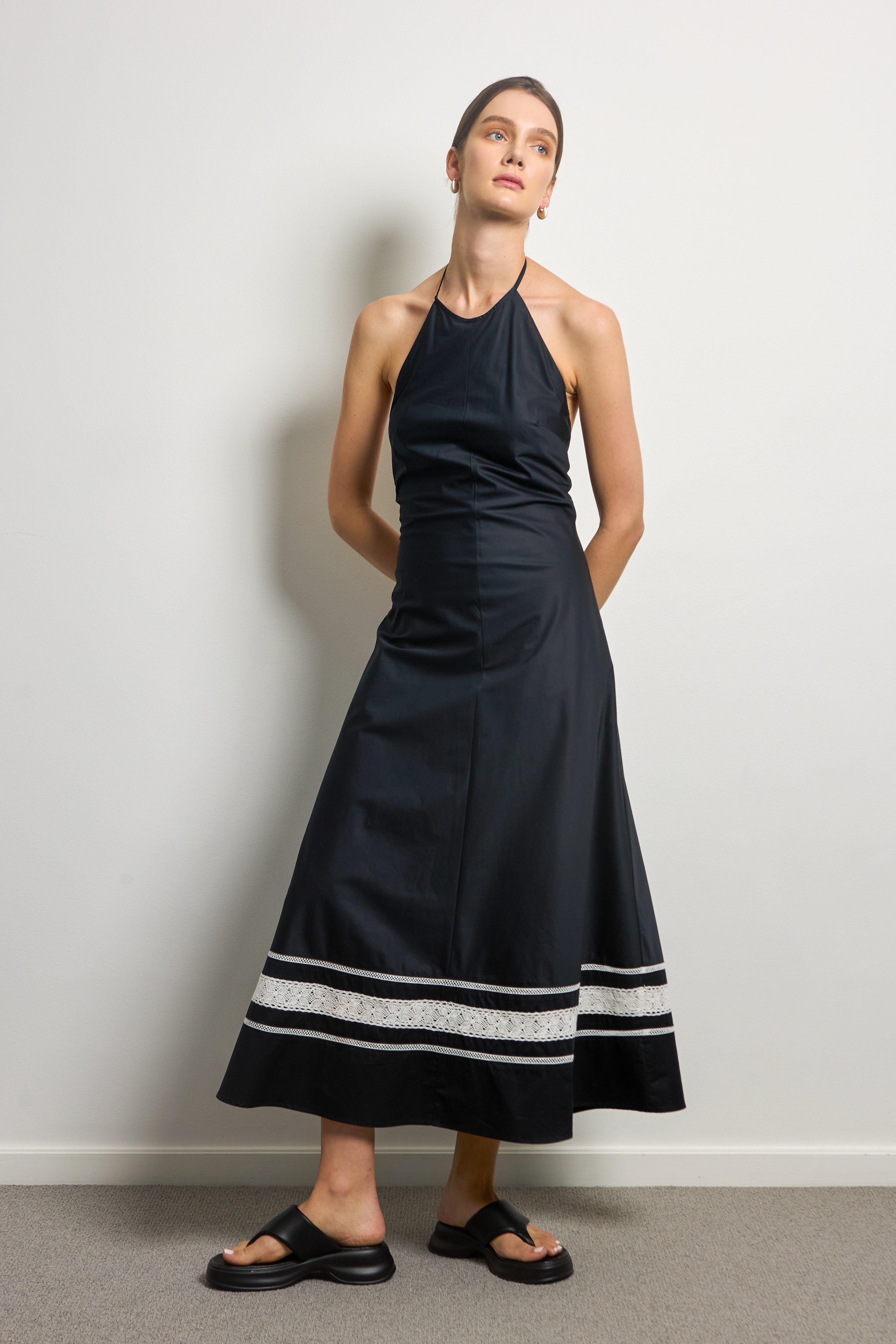 Black Halter Neck Midi Dress With White Lace Trim
