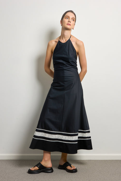 Black Halter Neck Midi Dress With White Lace Trim
