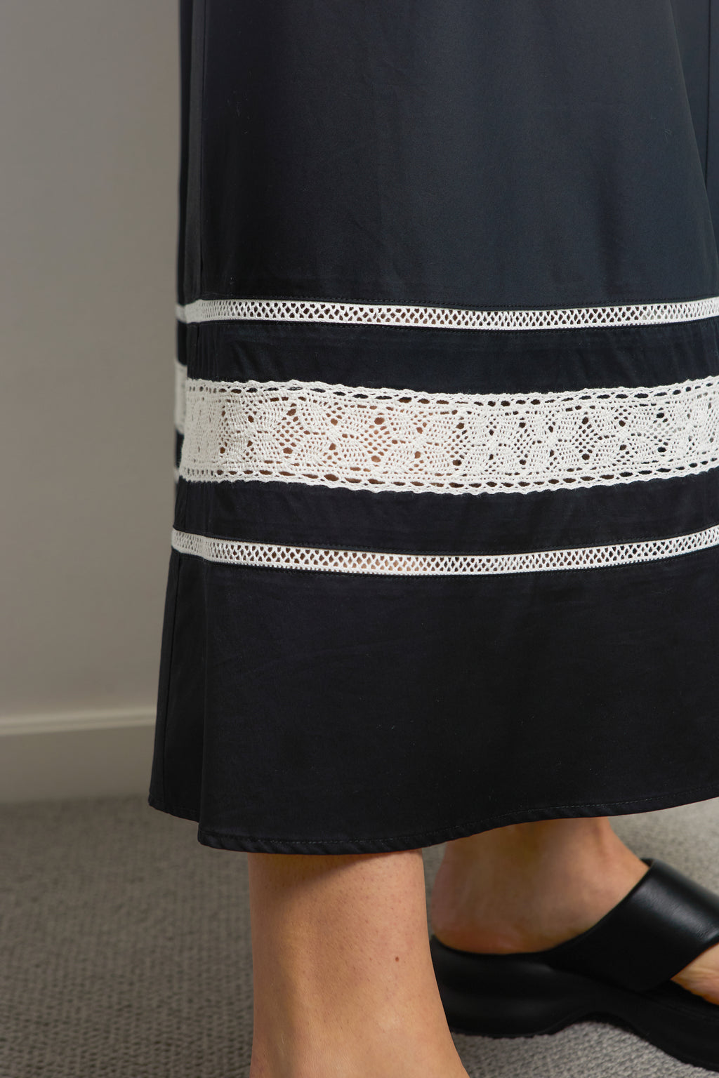 Black Halter Neck Midi Dress With White Lace Trim