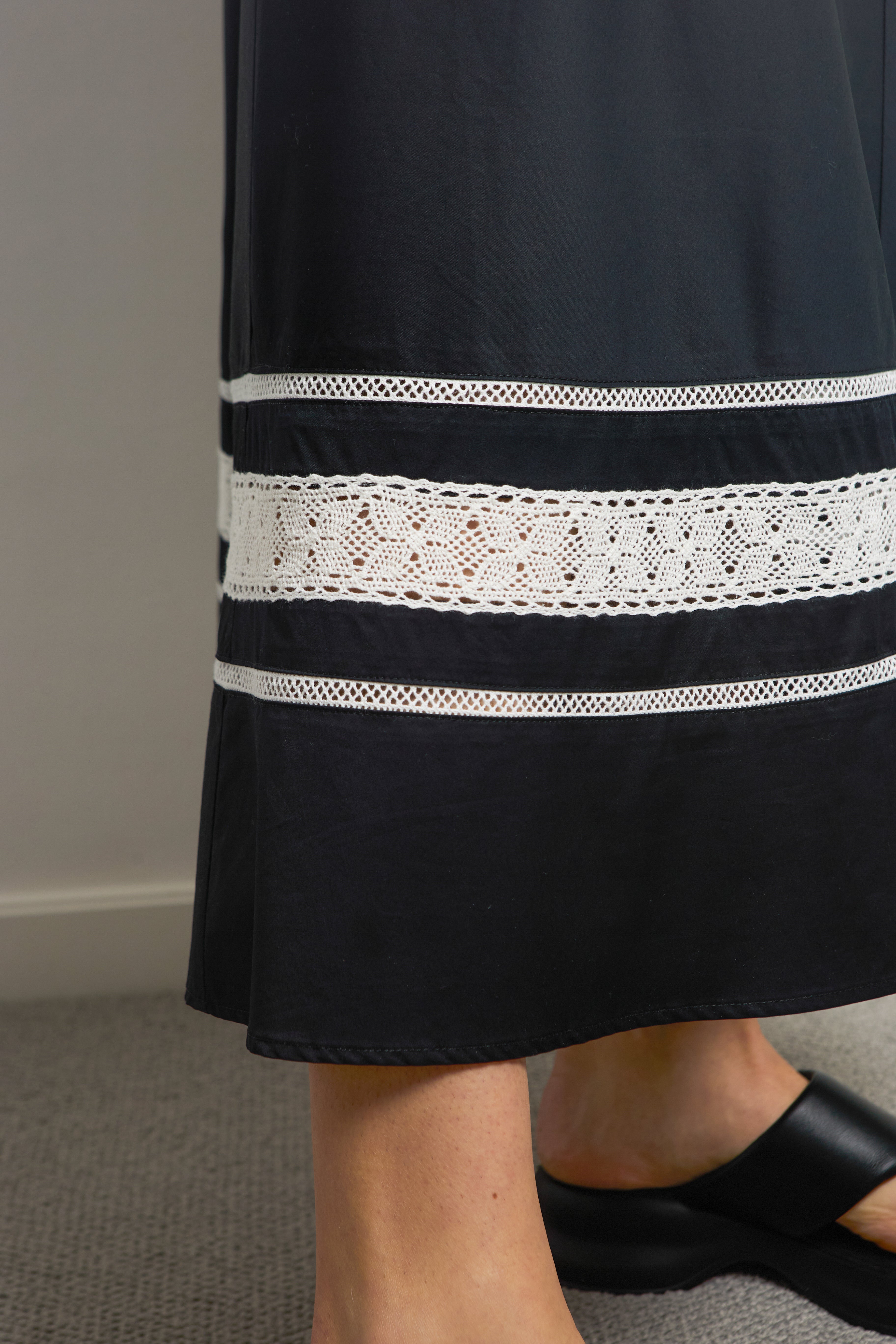 Black Halter Neck Midi Dress With White Lace Trim