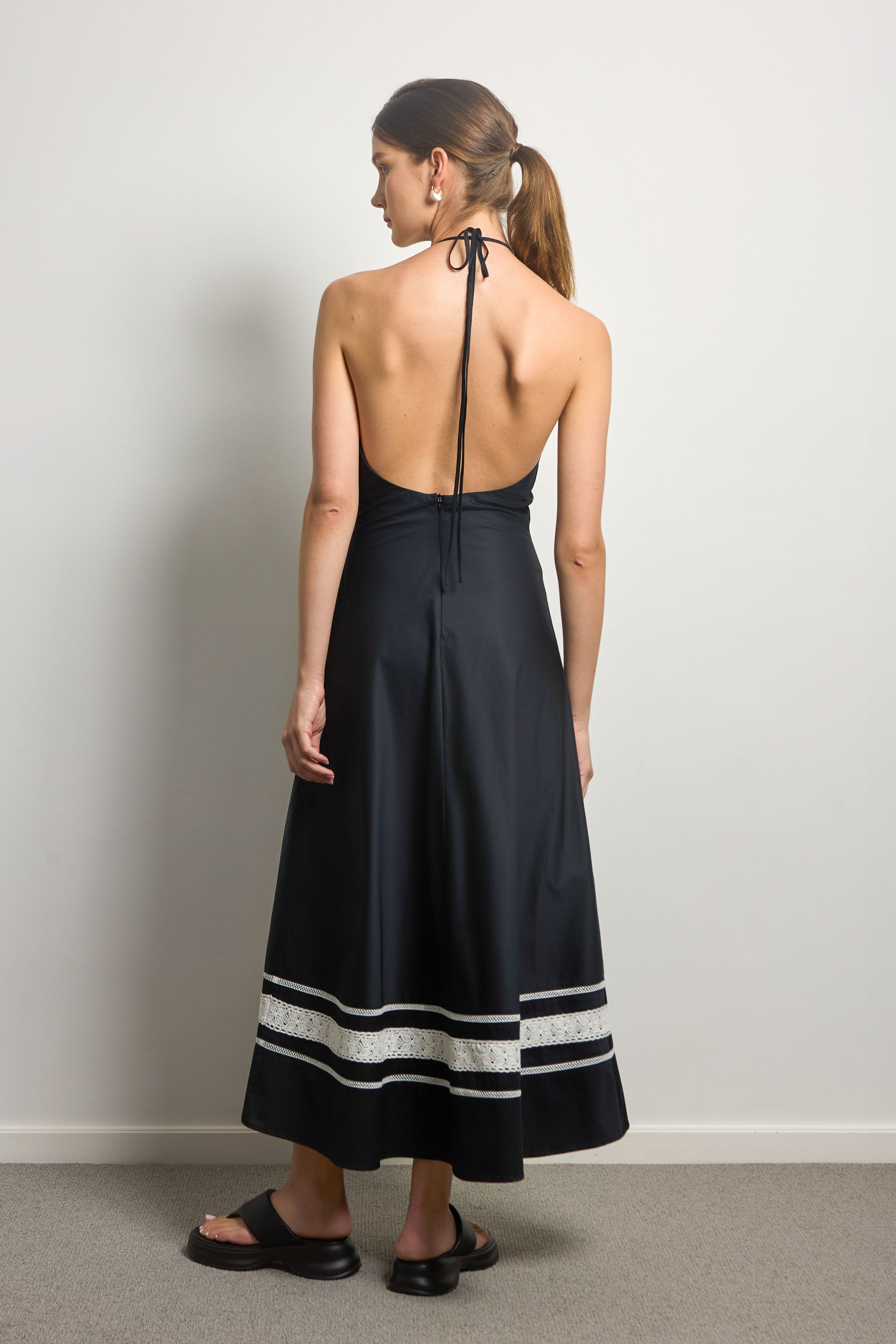 Bias Cut Halter Midi Dress with Lace Trim – iff the label