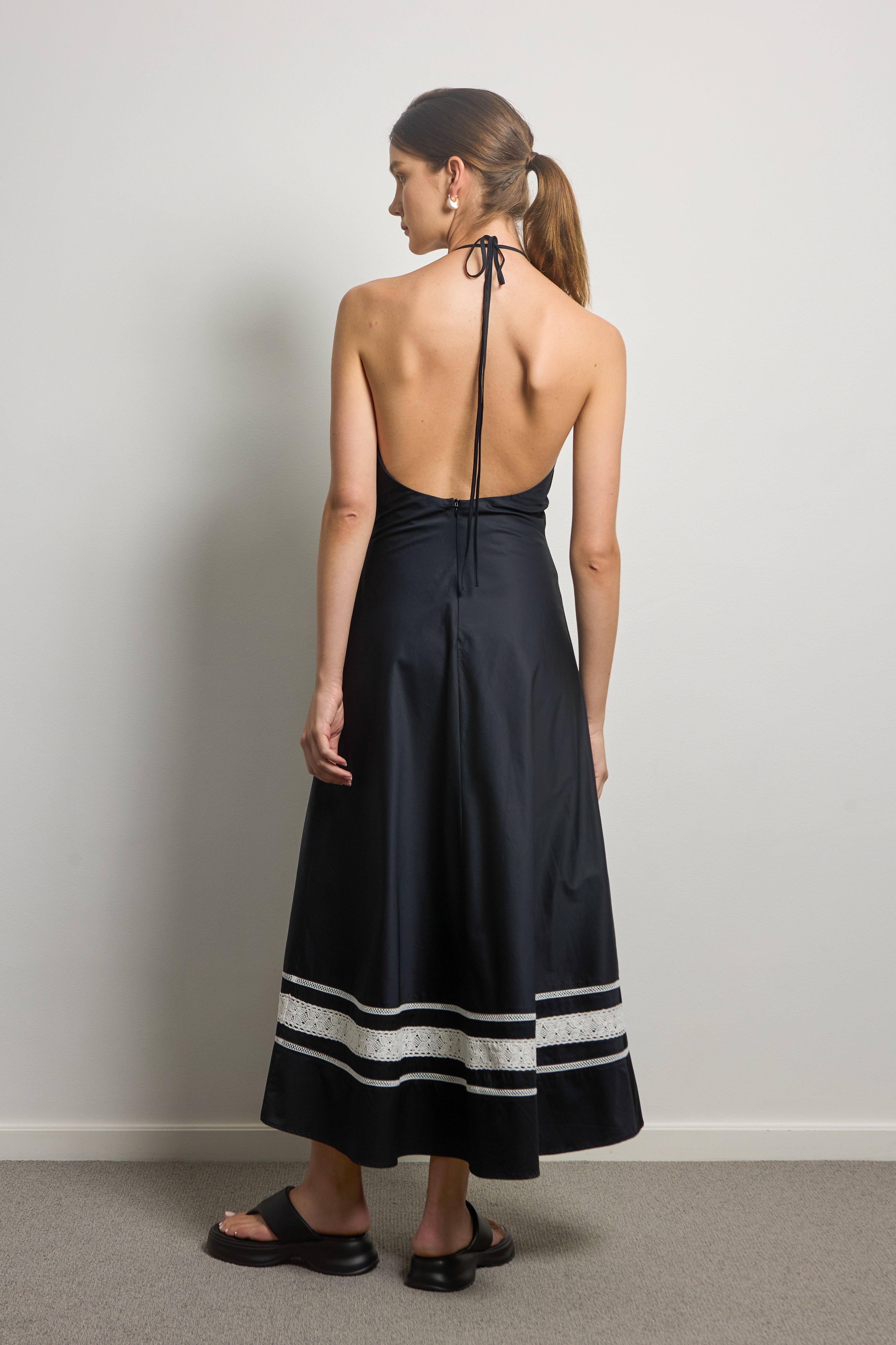 Black Halter Neck Midi Dress With White Lace Trim