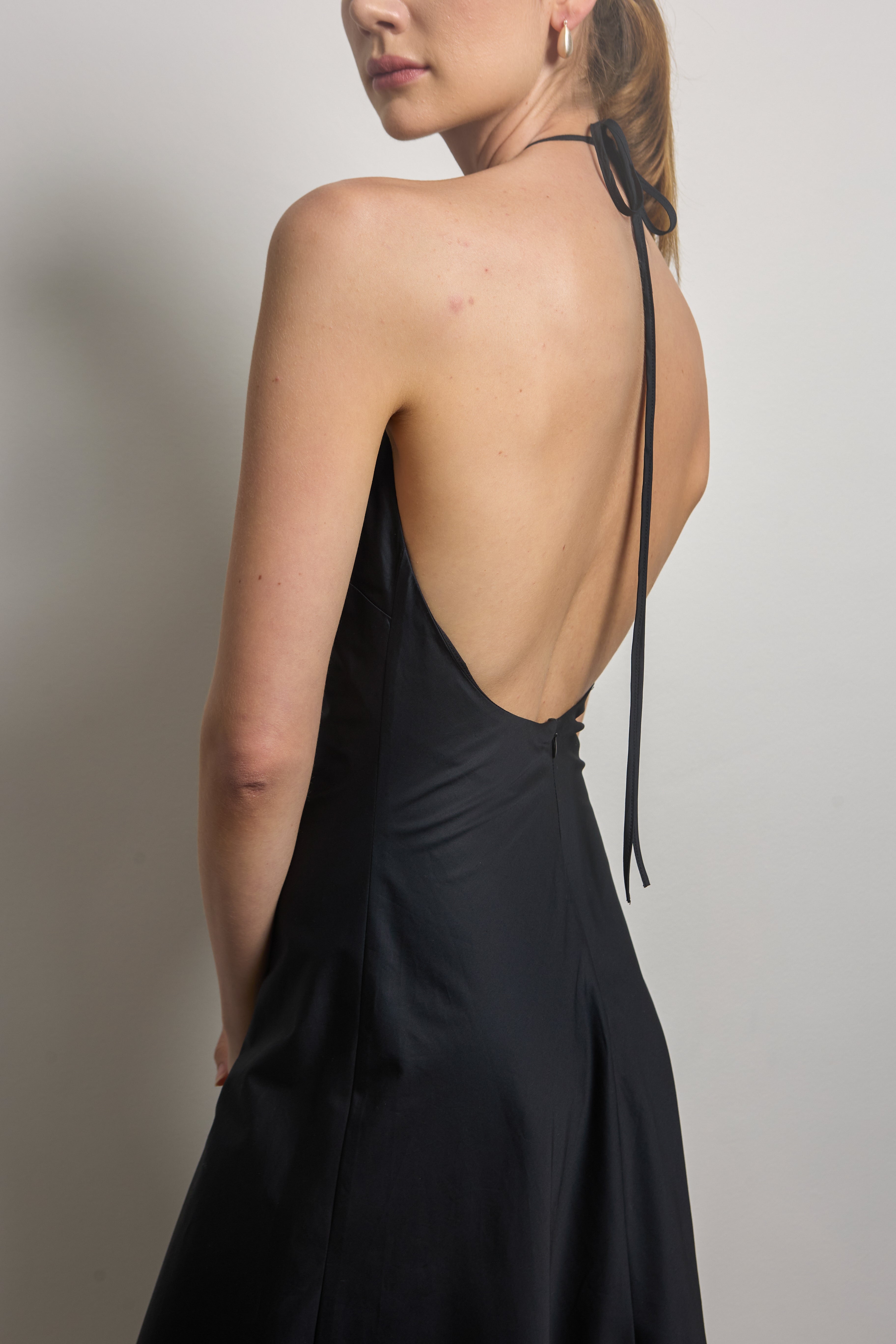 Black Halter Neck Midi Dress With White Lace Trim