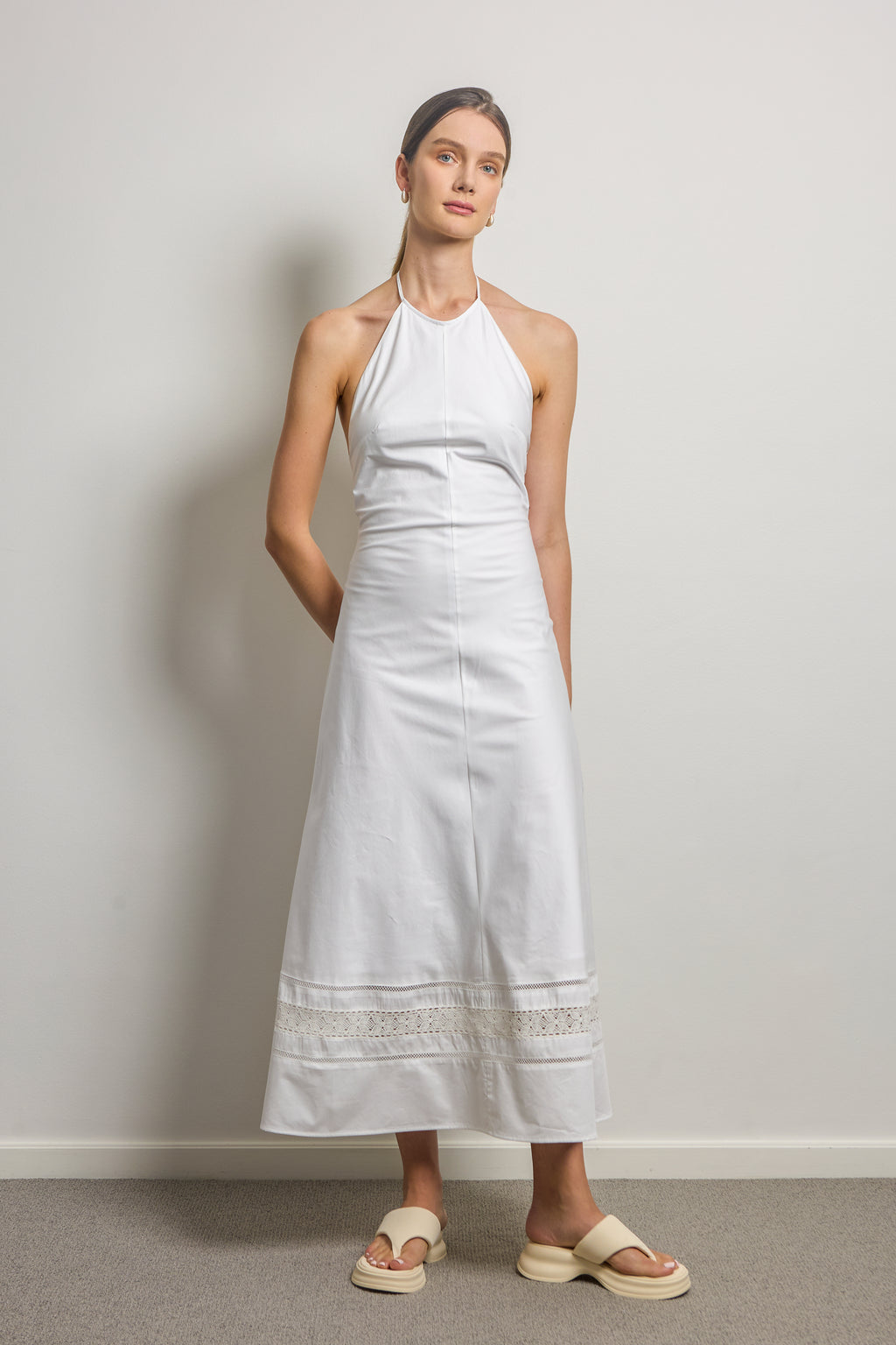 White Halter Neck Midi Dress With White Lace Trim