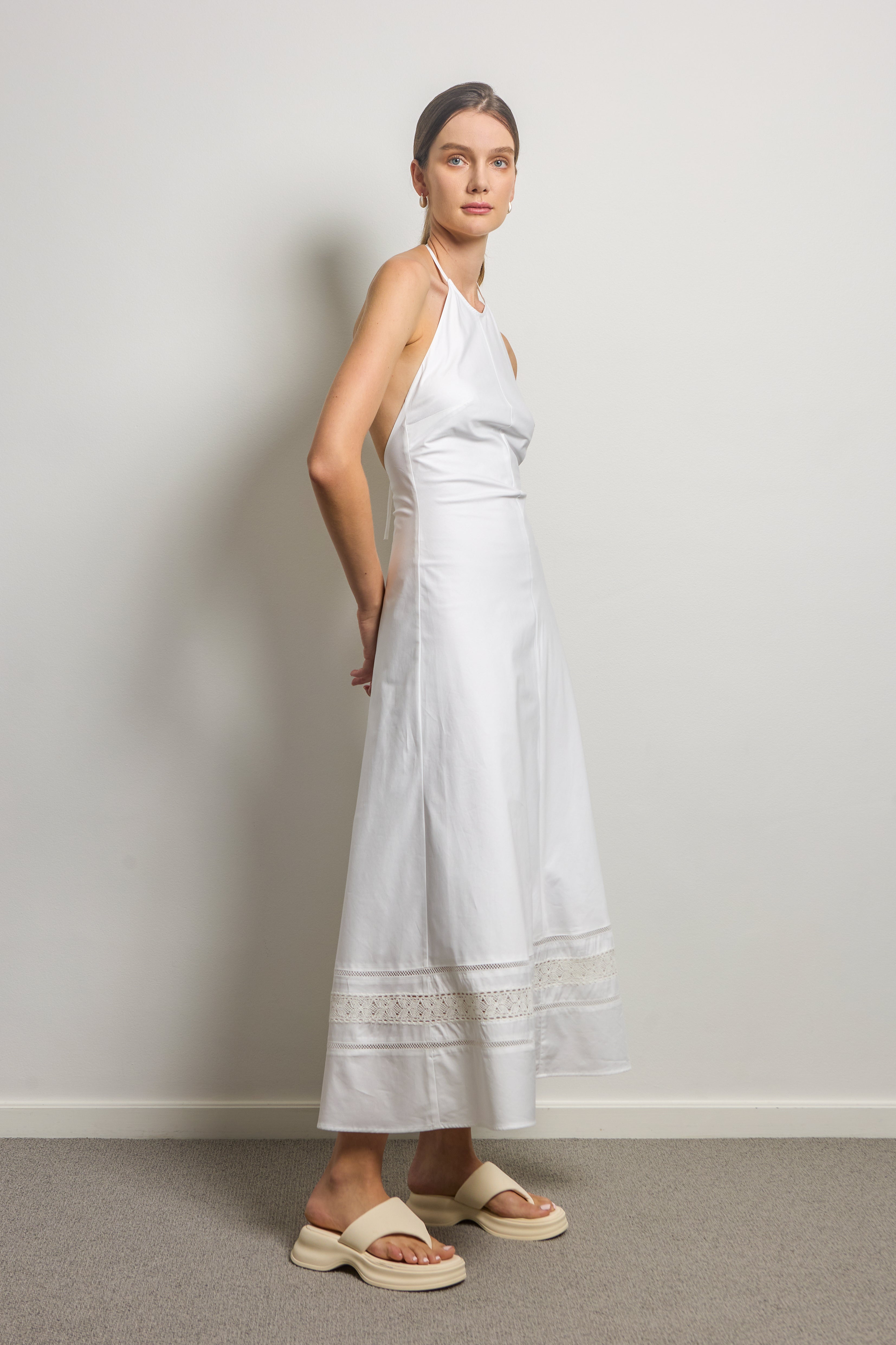White Halter Neck Midi Dress With White Lace Trim