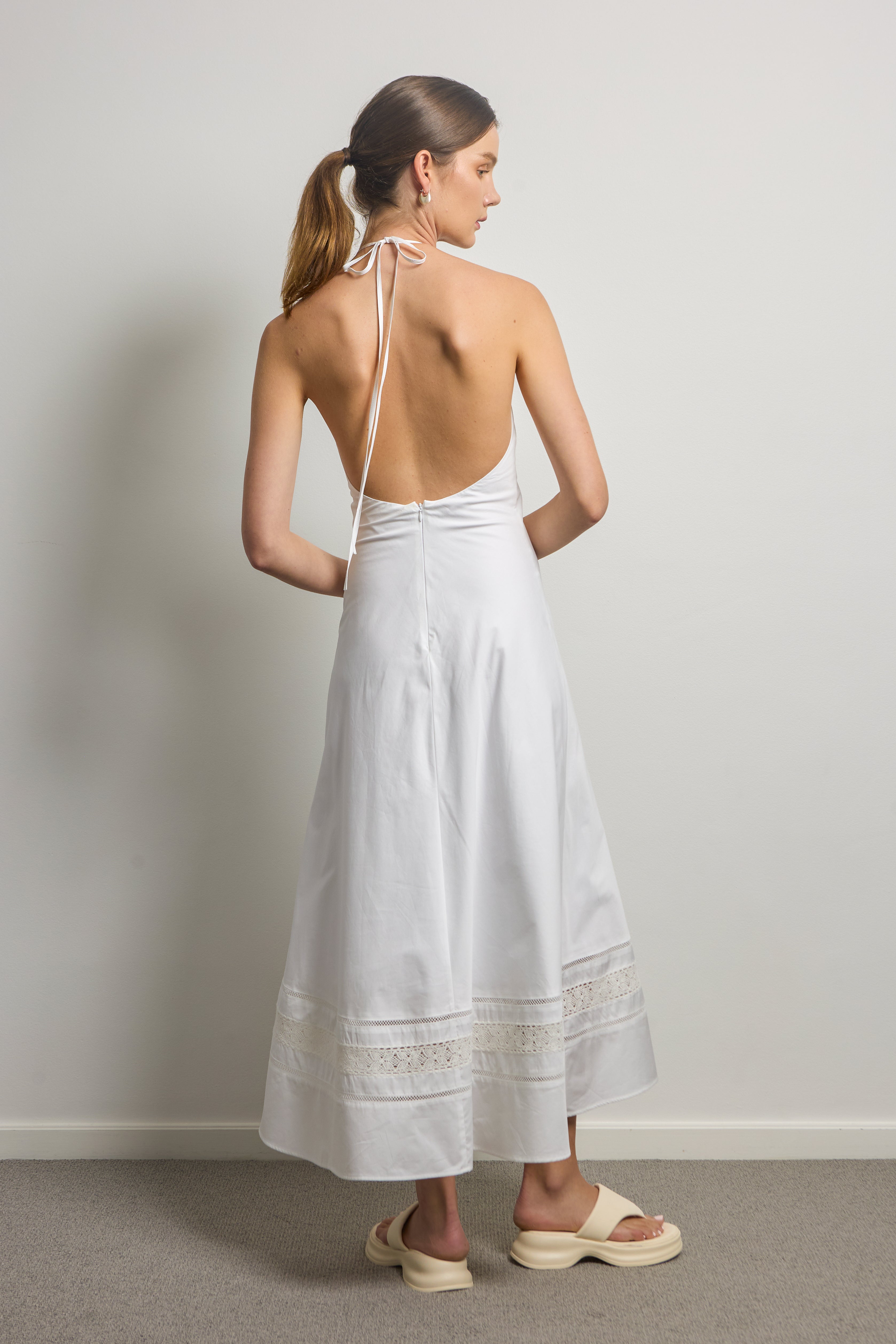 White Halter Neck Midi Dress With White Lace Trim