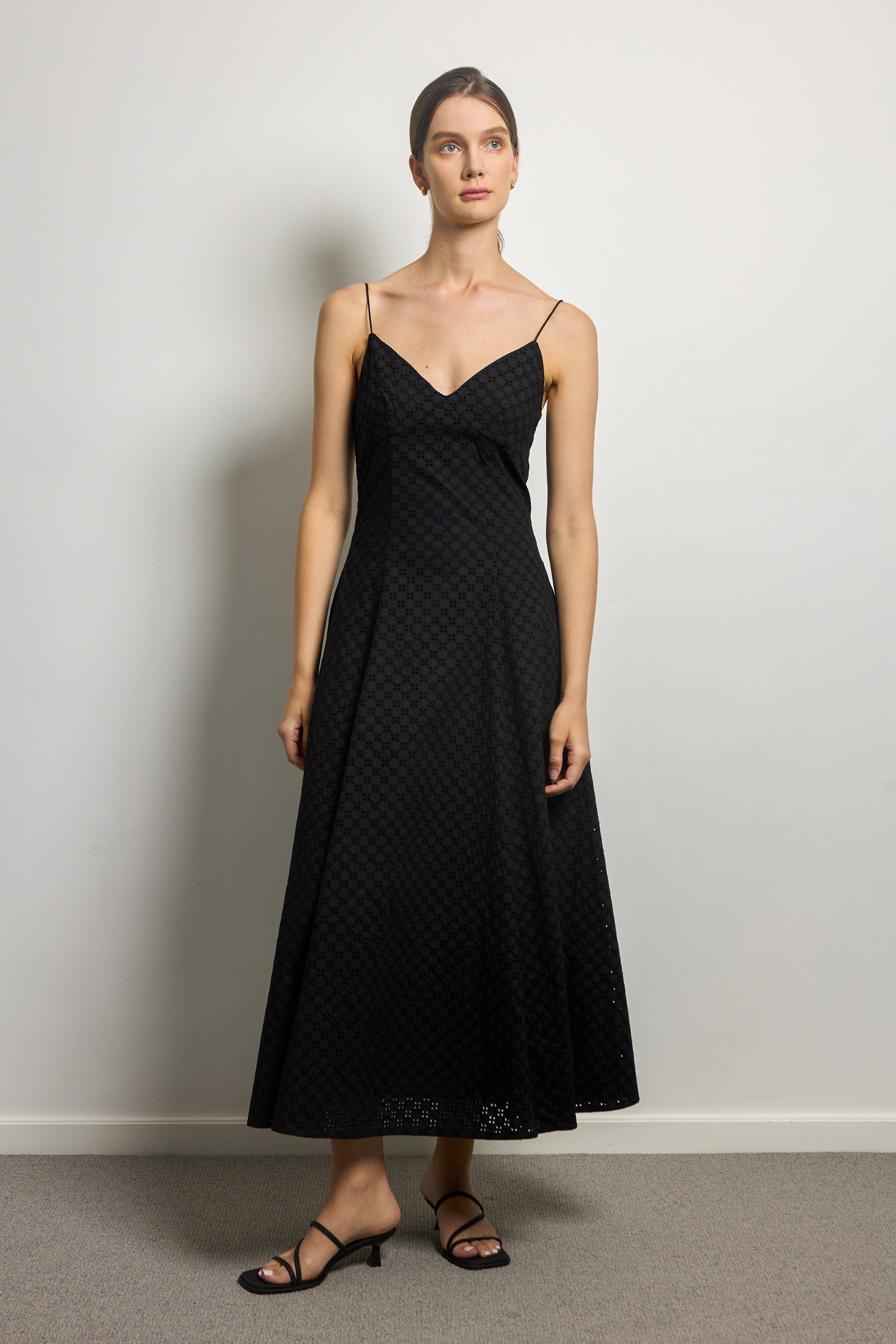 Black Cotton Broderie Anglaise Midi Dress