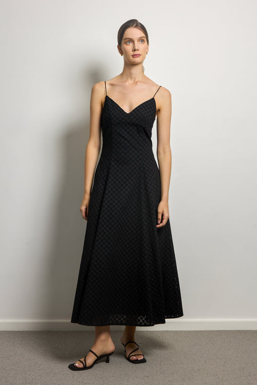 Black Cotton Broderie Anglaise Midi Dress