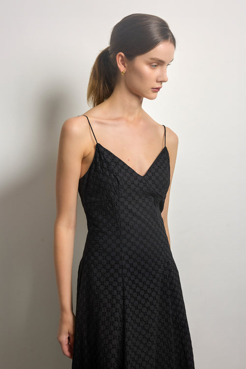 Black Cotton Broderie Anglaise Midi Dress