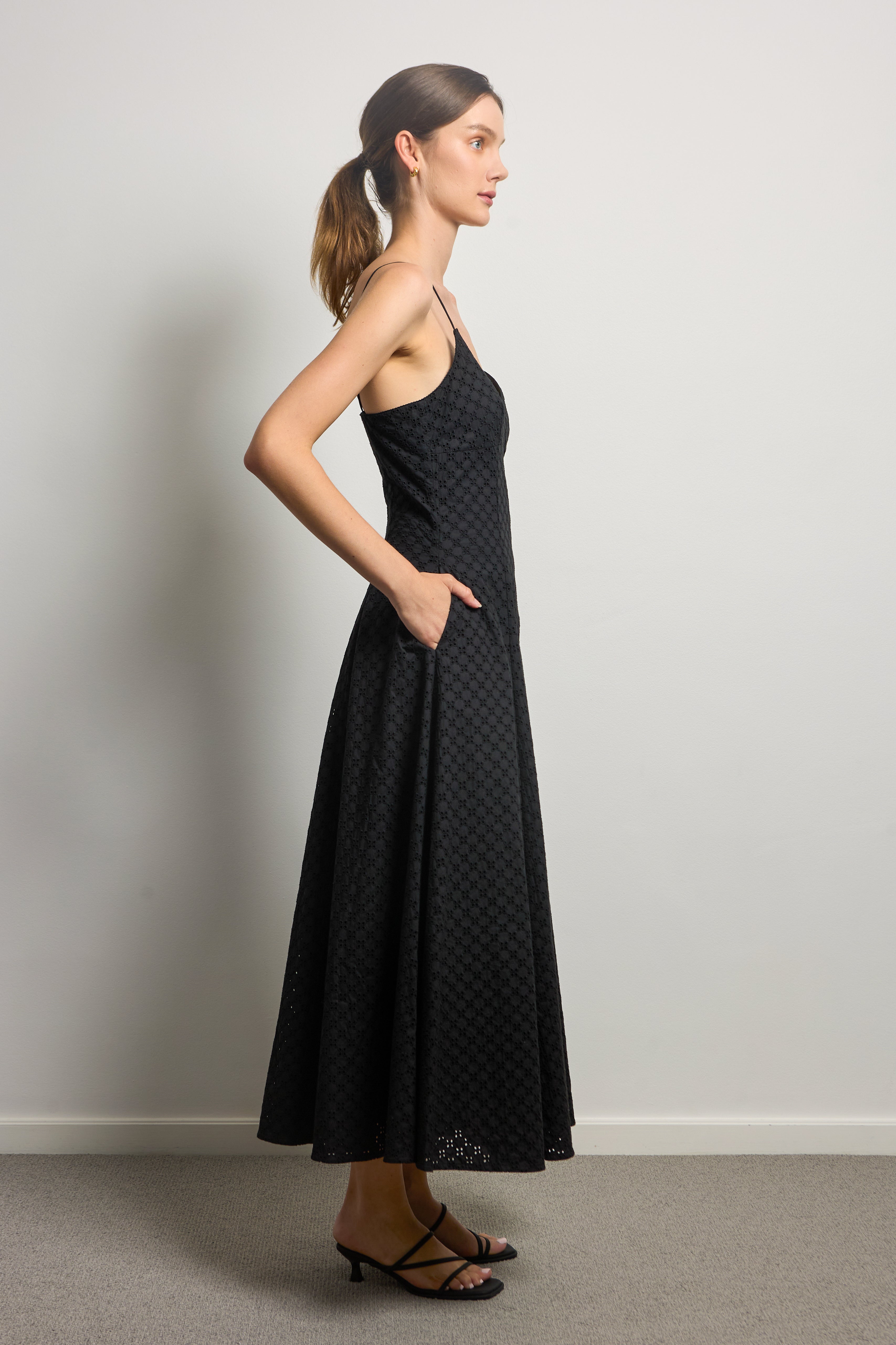 Black Cotton Broderie Anglaise Midi Dress