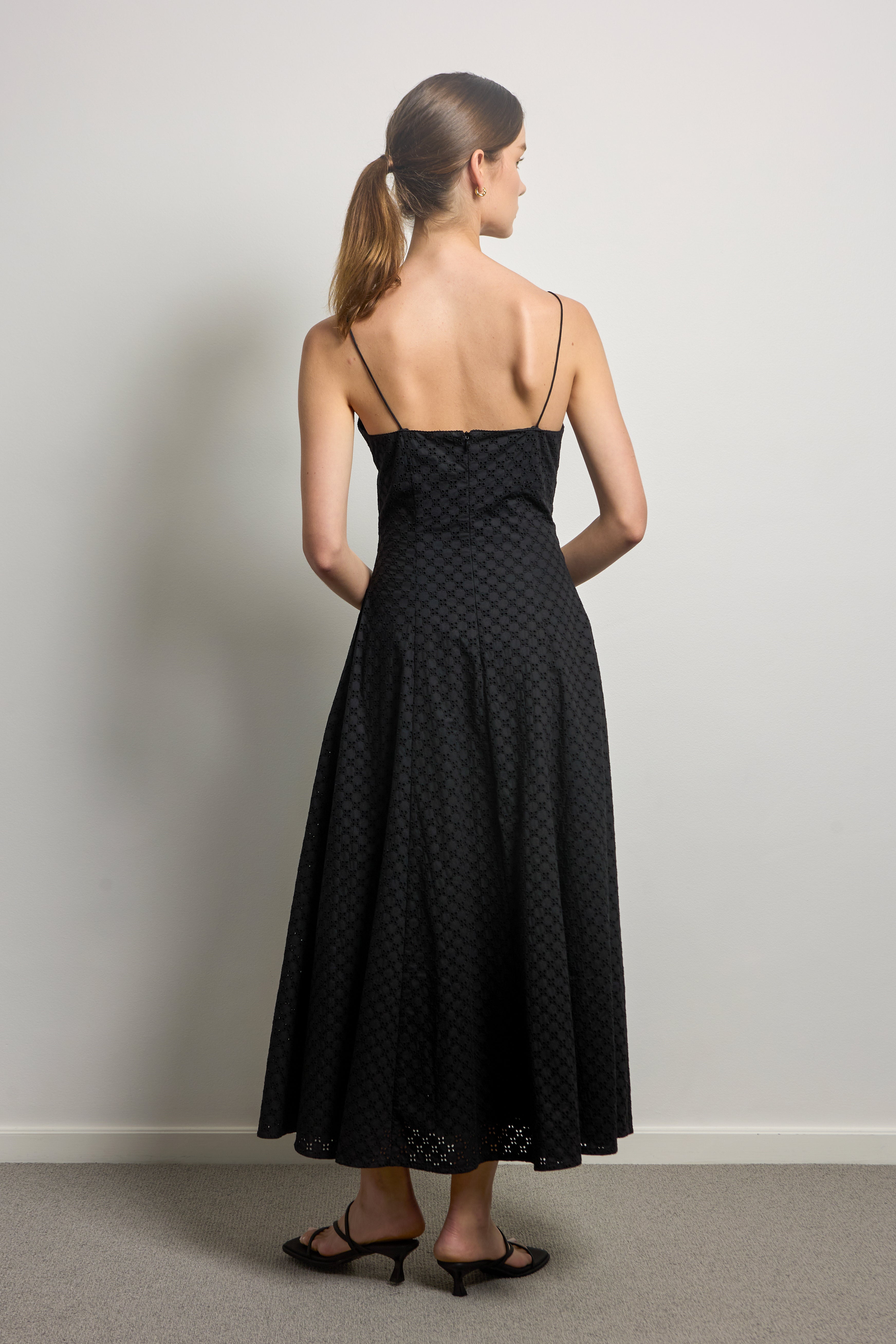 Black Cotton Broderie Anglaise Midi Dress