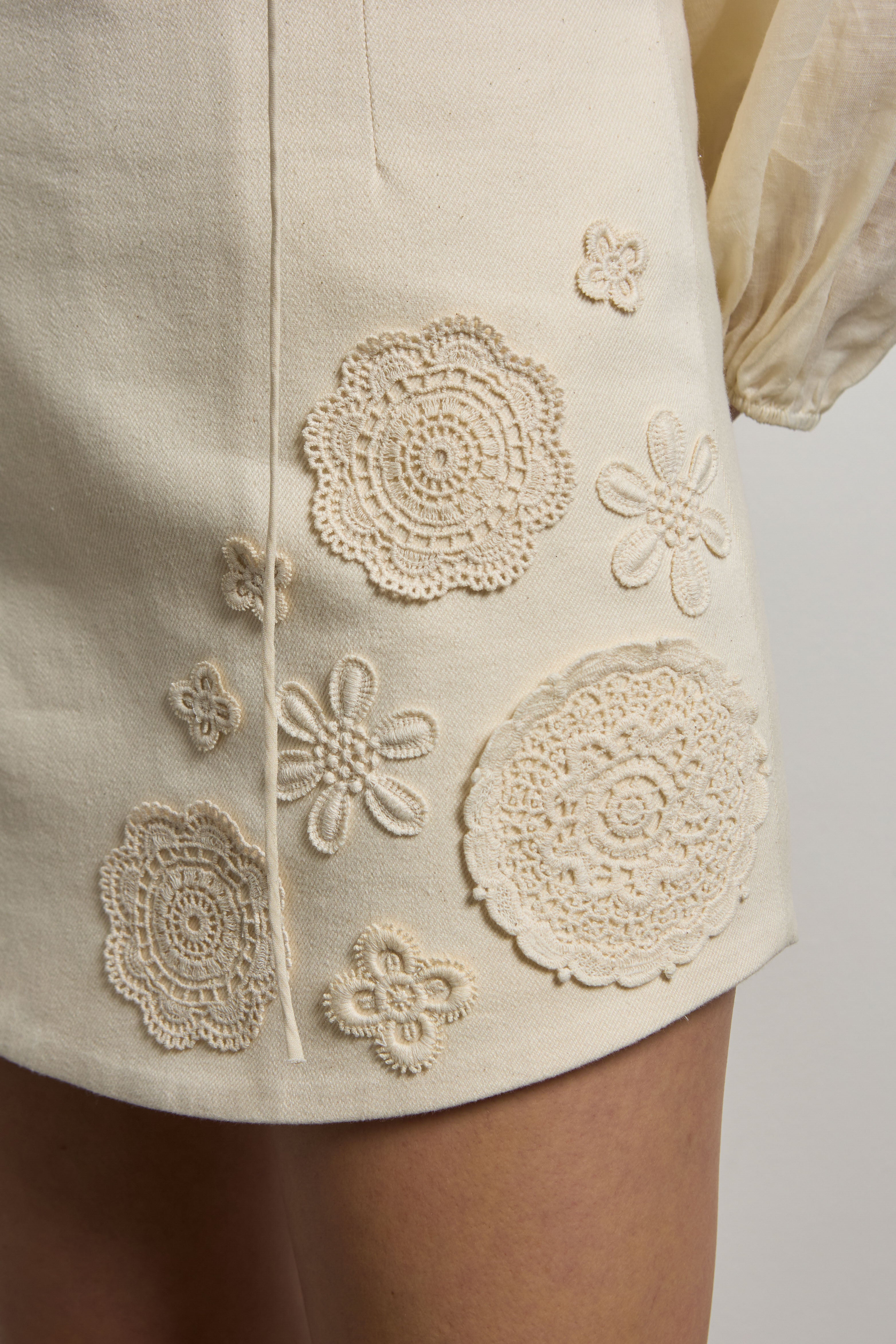 Tailored Cotton Drill Mini Skirt with Crochet Doilies
