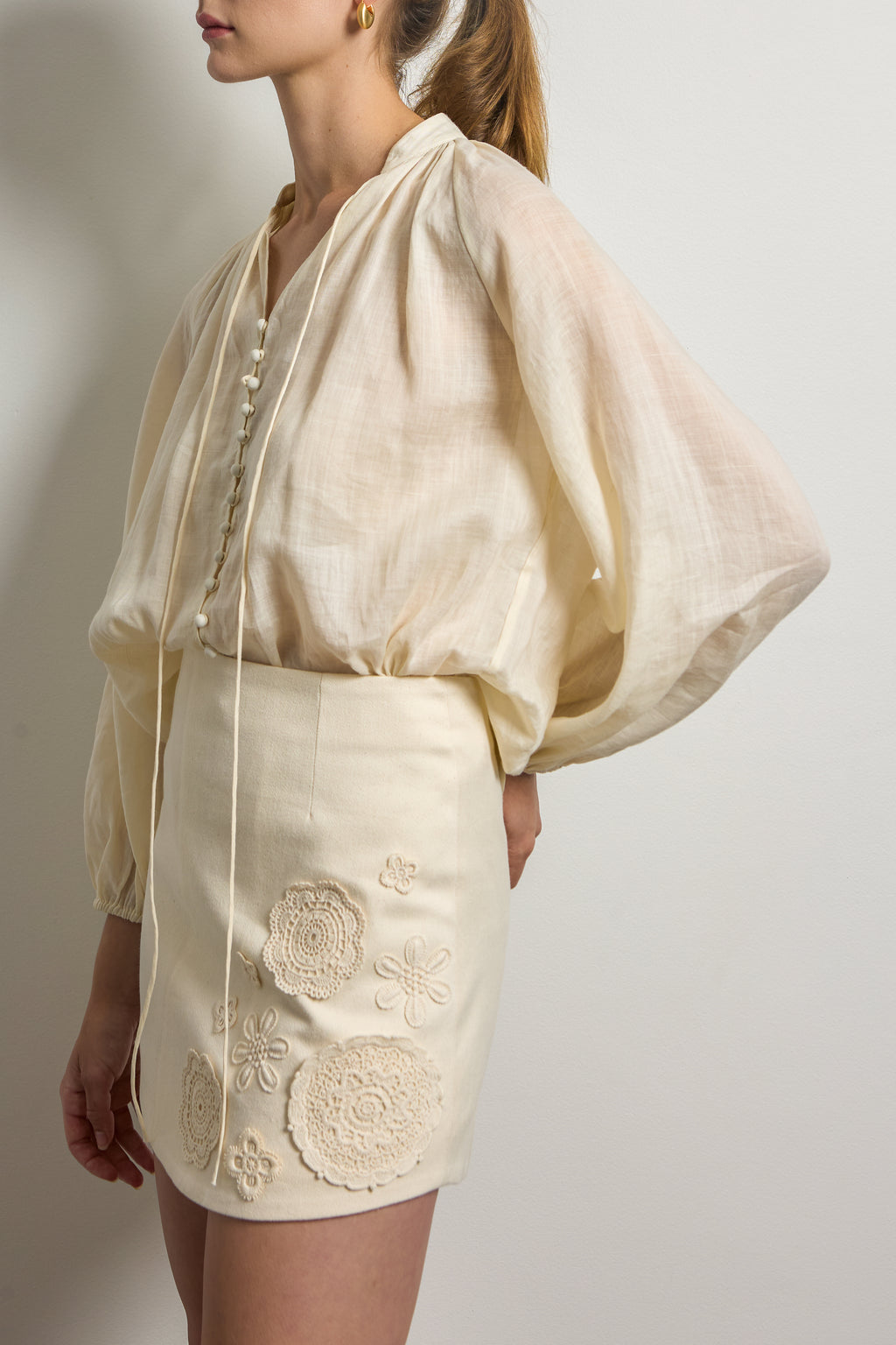 Tailored Cotton Drill Mini Skirt with Crochet Doilies