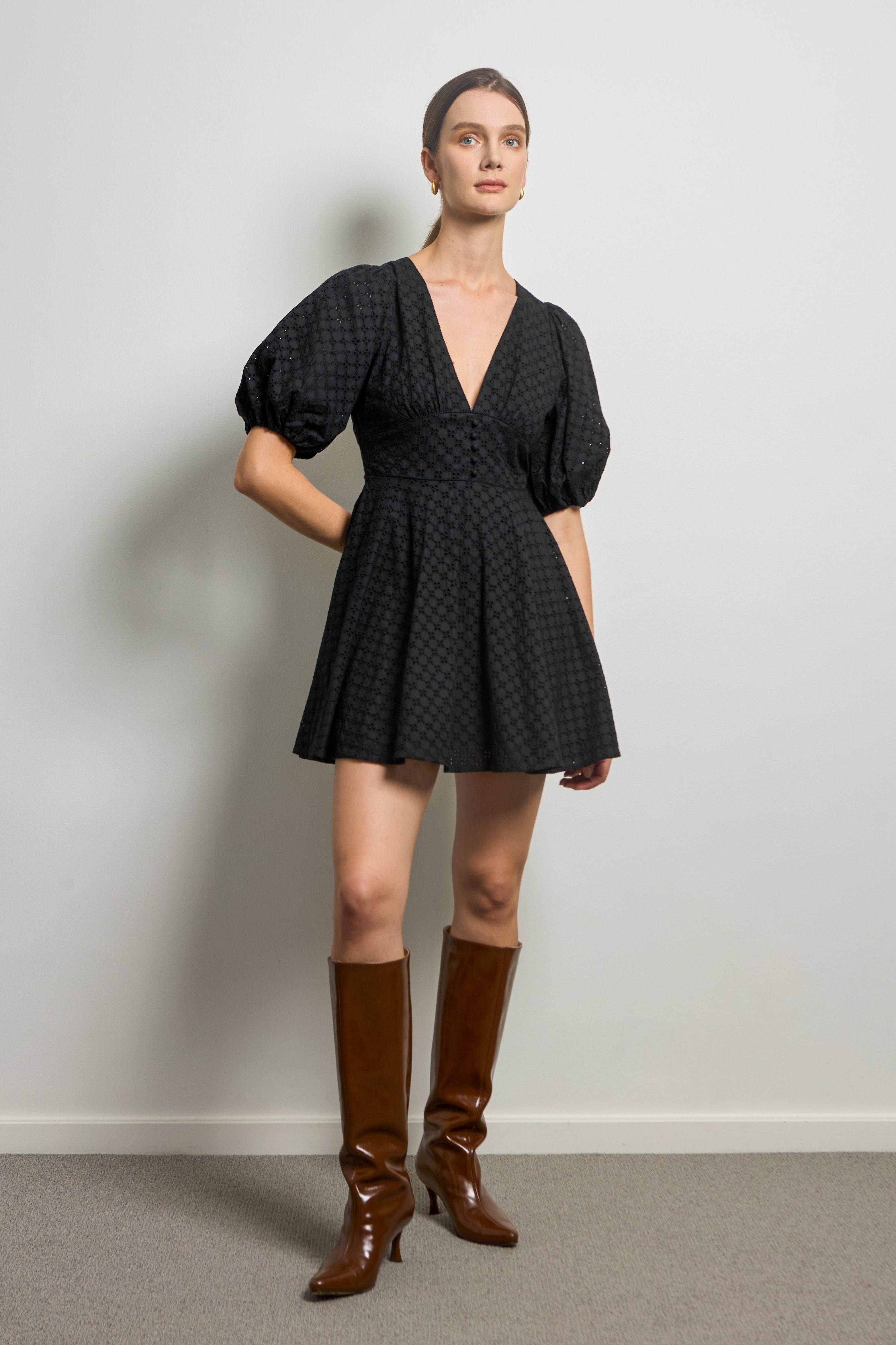 V-neck Mini Dress with Puff Sleeves