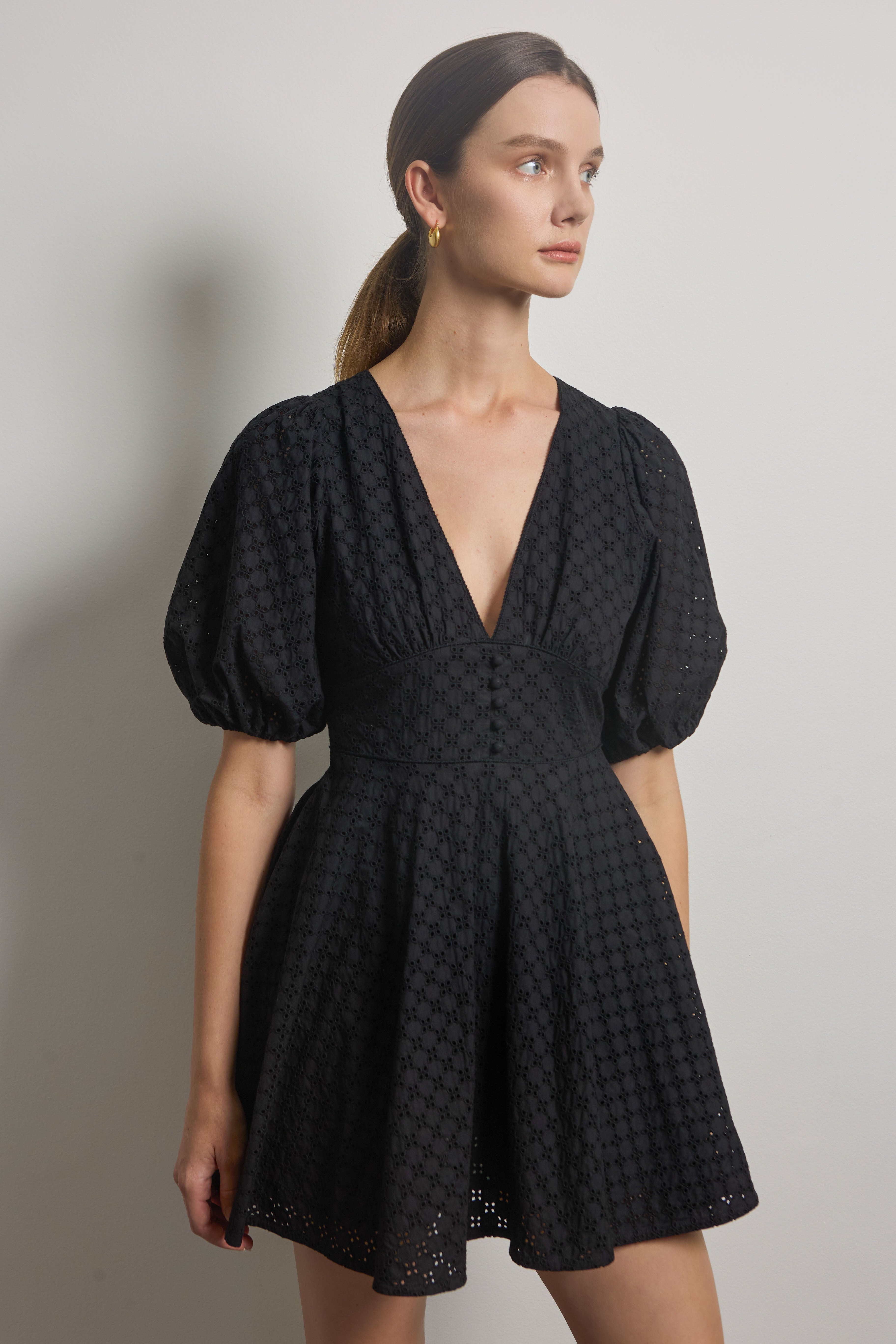 V-neck Mini Dress with Puff Sleeves