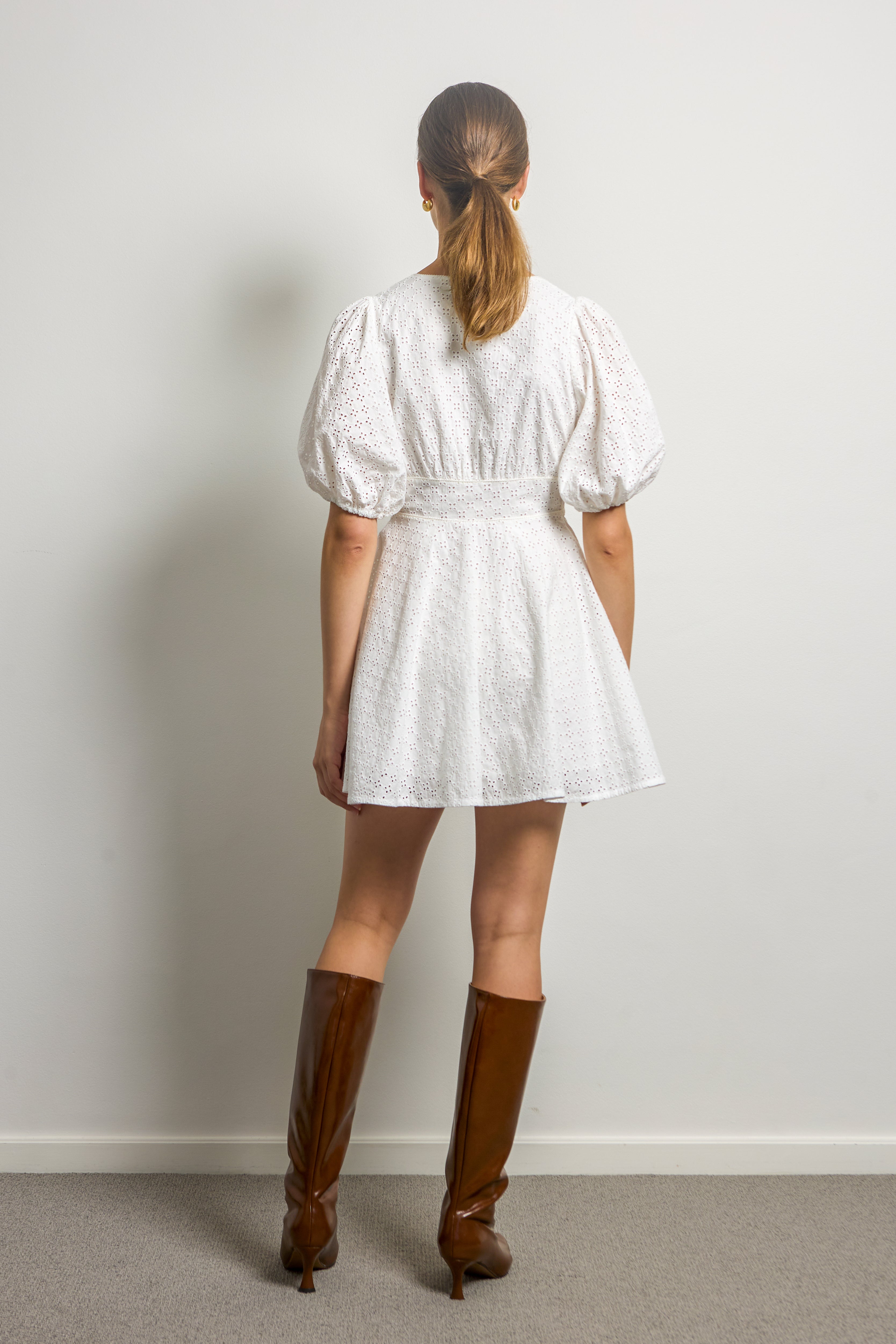 V-neck Mini Dress with Puff Sleeves
