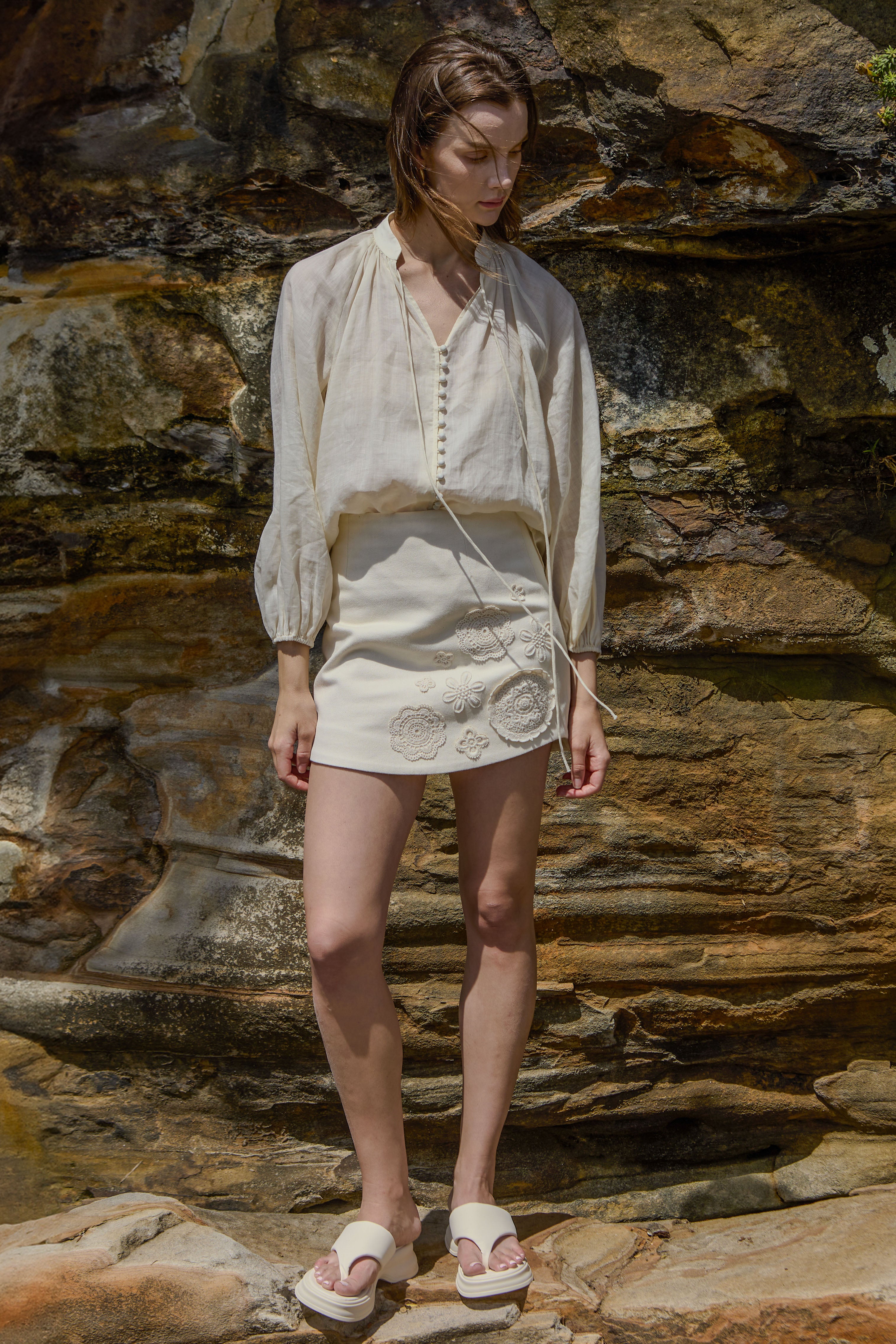 Tailored Cotton Drill Mini Skirt with Crochet Doilies